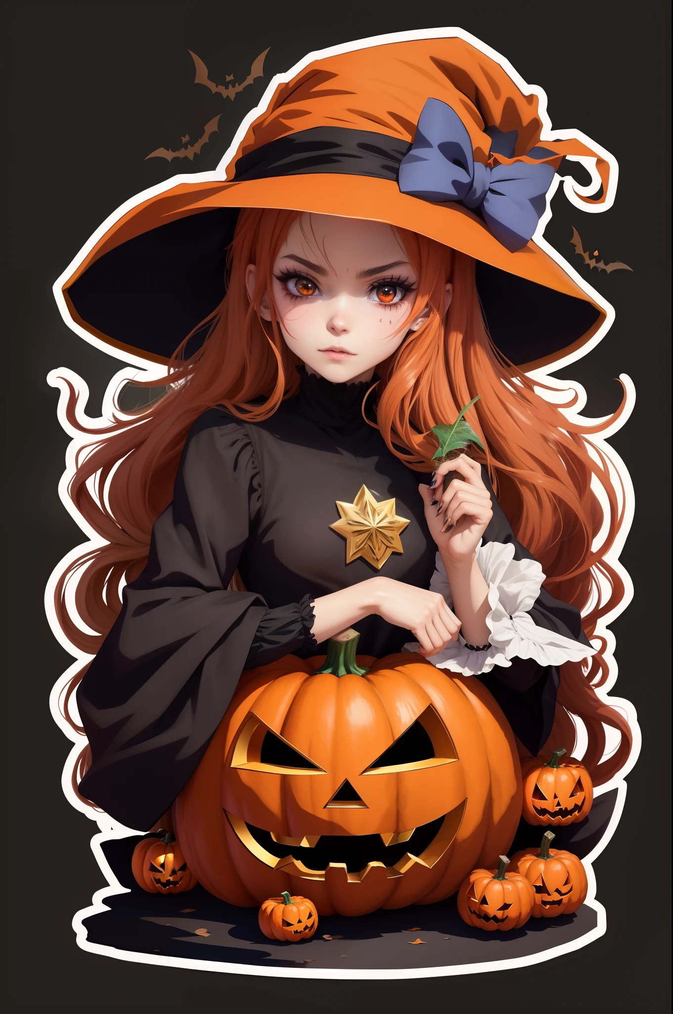 Anime girl in a witch costume holding a pumpkin, Em um estilo de Halloween, menina bruxa, Halloween Estilo de Arte, Retrato de uma jovem bruxa, bruxa brilhante, beautiful witch female, magia de elenco de bruxa de anime de paquera, halloween celebration, Tema Halloween, classical witch, Anime Wallaper, academia bruxa, Travessuras ou gostosuras, (menina anime), bruxa, menina anime bonito