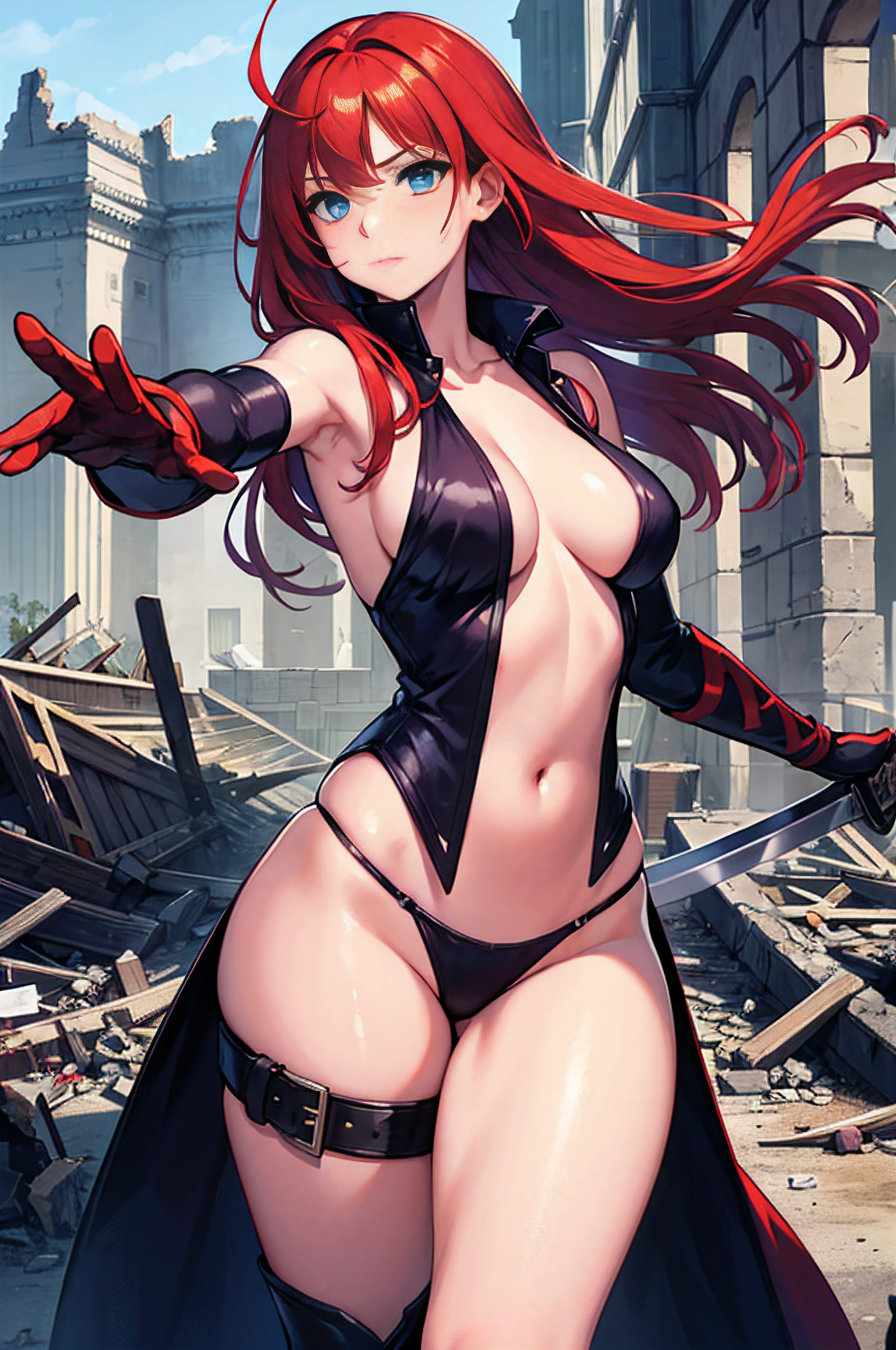 Make a gorgeous sexy, red-haired, blue-eyed woman in a warrior outfit unleashing a super magic from her sword against a gorgeous ninja in ruins of a castle, cores vibrantes, contraste e brilho perfeito, estilo cinema, 16k, super atraente