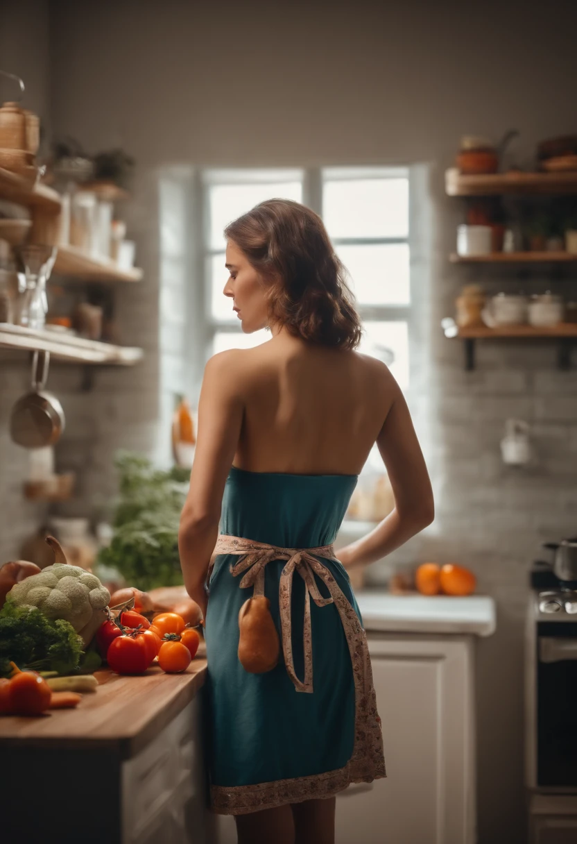 Young nerdy girl, is cooking in the kitchen, being naked wearing only a short apron and nothing underneath, (((back view image)))