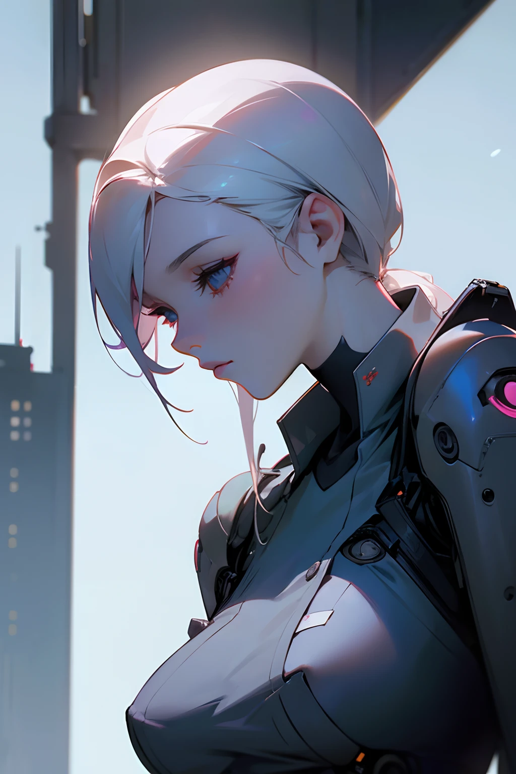 (1girl:1.3), solo, __body parts__ delicate and realistic skin, pale skin, big, official art, unified 16k wallpaper, ultra detail, beauty and aesthetics, beauty, masterpiece, best quality, in cyberpunk city, fantastic atmosphere, calm color palette, peaceful mood, soft shadows, flight attendant uniform, glamour