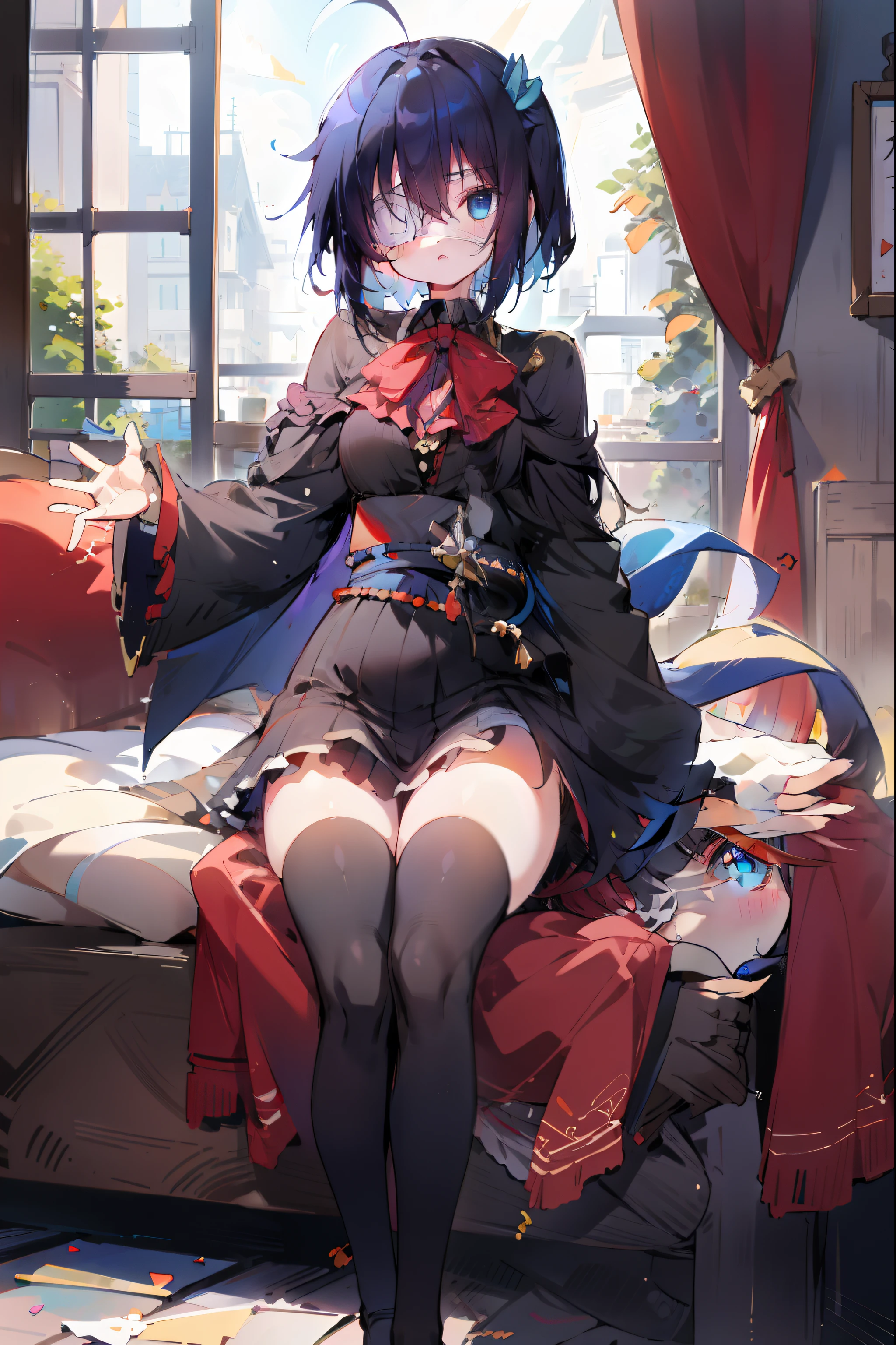 high res, masterpiece,Rikka Takanashi, black hair, solo, 1girl,outside,deatailed background, detailed eyes, ((blue eyes)), eyepatch