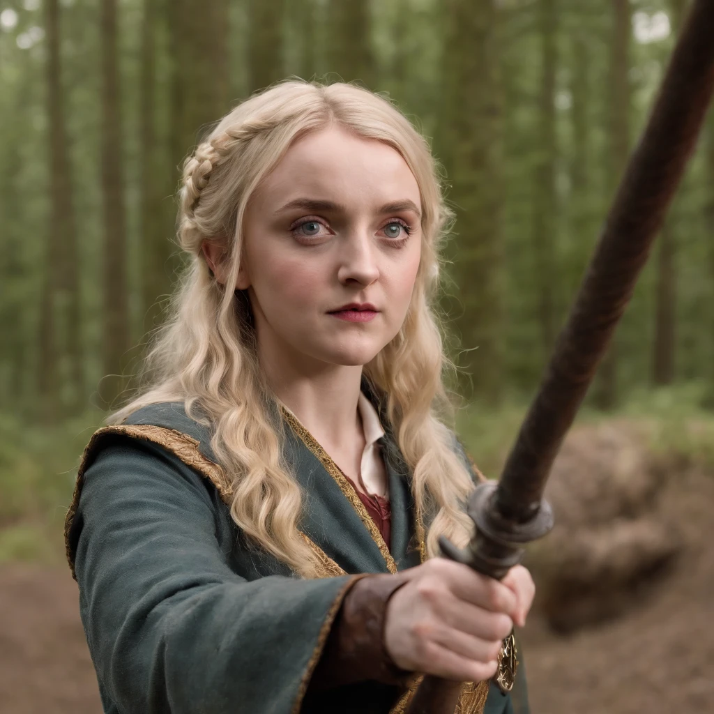 Evanna Lynch Luna Lovegood from the movie "Harry Potter" in a fantasy military costume, combat pose, combat stance, Mortal Combat, Realism