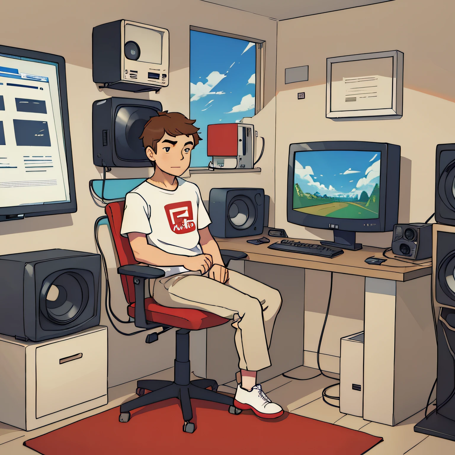 a man with a computer CRT monitor instead of a head, beige trousers, red shoes , white t-shirt