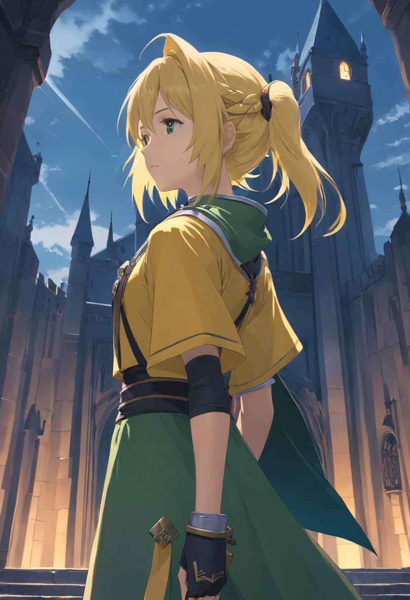 tmasterpiece,Best quality,cinematic Film still from,(dark feeling:1.2),(final fantasy:1.2),Solo,A woman who is,armor,Yellow hair,pigtails,Medieval Castle Background