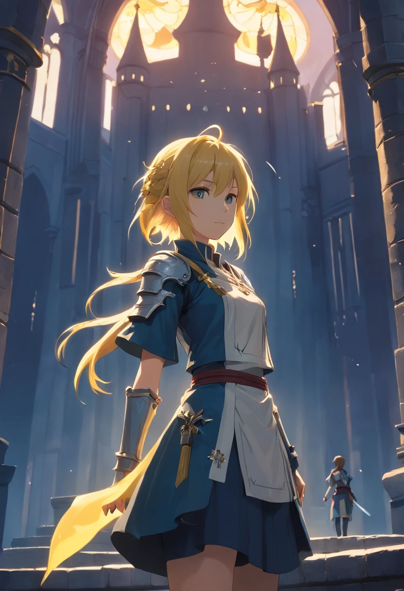 tmasterpiece，Best quality，cinematic Film still from，(dark feeling:1.2)，(final fantasy:1.2)，Solo，A woman who is，armor，Yellow hair，pigtails，Medieval Castle Background