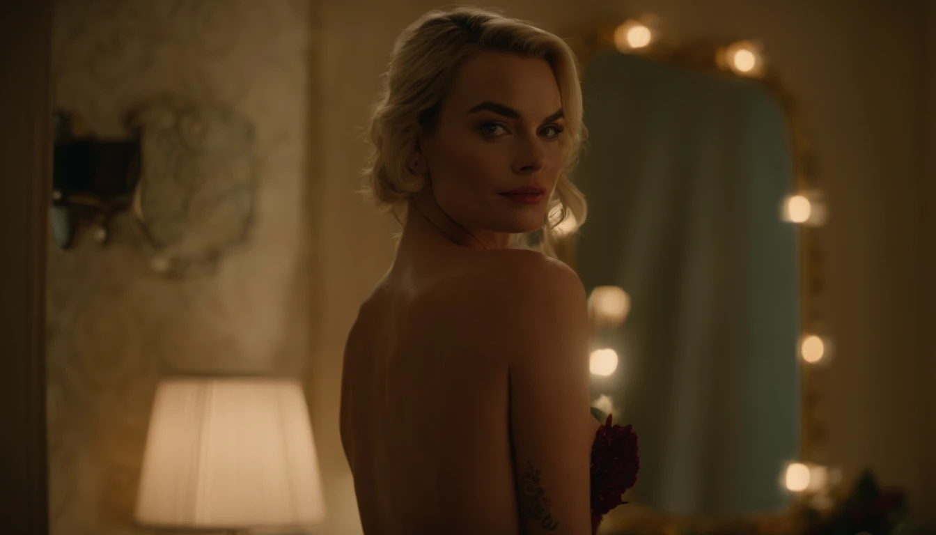 naked Margot Robbie in front of a mirror in her bedroom, detailed face and body features, Harley Quinn style, detailed tattoos, vibrant colors, realistic lighting, glossy makeup, luxurious bedroom decor, shiny mirror reflection, confident expression, seductive pose, naughty smirk, provocative atmosphere, artistic photography, high resolution, professional shot