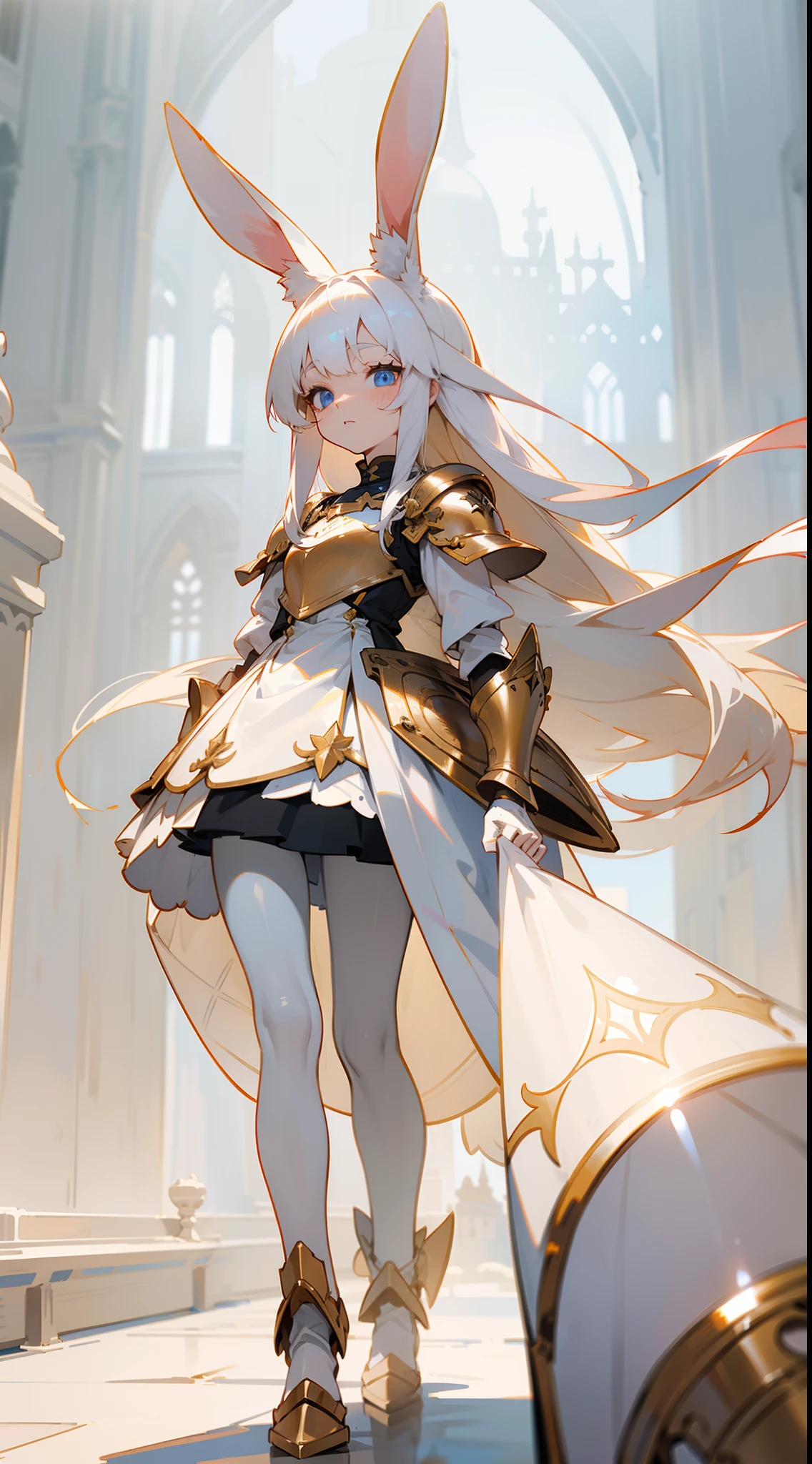 1rabbit girl,(small),solo,white hair,Long rabbit ear,blue eyes,long hair,white dress,white skirt,gold armor shoulder pads,knight,masterpiece,best face,detailed face,innocent face,walking in castle,neutral face,(black pantyhose)