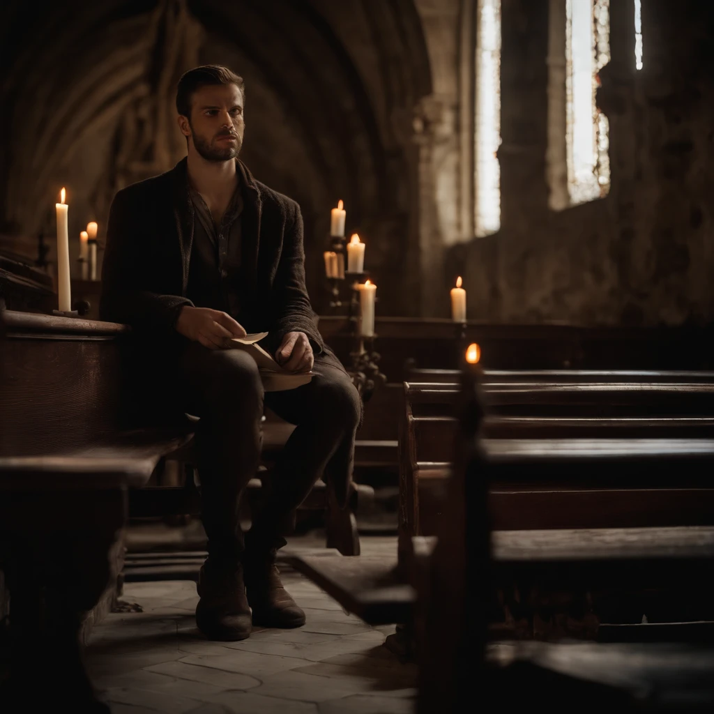 (best quality,Realistic:1.37),Escuro, Dirty-looking young man sitting in an old abandoned church, detailed face expression,atmosfera empoeirada,ambiente assustador,Solemn and sinister illumination,vitrais,crumbling walls,trepadeiras e musgo crescidos,decaying wooden benches,artefatos religiosos negligenciados,velas levemente acesas,Haunting silence,A sense of desolation and mystery,Haunted spiritual presence,gothic architecture,Shadows Dramatic,remnants of religious iconography