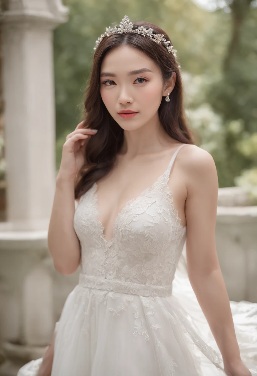 A girl in a garden, (best quality,4k,8k,highres,masterpiece:1.2), ultra-detailed, (realistic,photorealistic,photo-realistic:1.37), fair skin, 19-year-old woman, natural black hair, unique green eyes, wearing a coral dress, slim and graceful figure, beautiful feet, full body shot, transparent outfit, Chinese woman, crystal-clear focus, lifelike composition, white lace wedding gown, serene (sca:1.4)