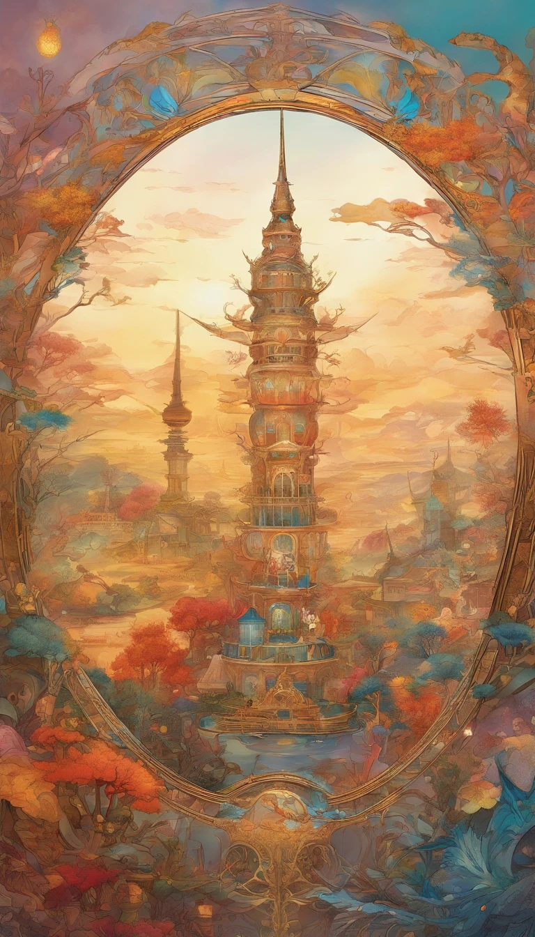 Colorful steampunk transparent landscape embroidery color ink pattern porcelain bottle front panoramic body view,The style of Jingdezhen porcelain,The bottles are embossed and carved into colorful mechanical parts,The main body is made of gold wire windings,Colorful glazes, Photography。Real light and shadow,refractions,Reflection,High light transmittance,lightand shade contrast, High contrast,Extremely dispersed,intricately details,8K rendering,Art Station and Pixiv trends. Epic picture, the wallpaper,Filmquality,Intricate and deep details,Strong sense of three-dimensionality. Created by Giger, Artgerm and Greg Rutkowski, Alphonse Mucha, CGSesociety.
