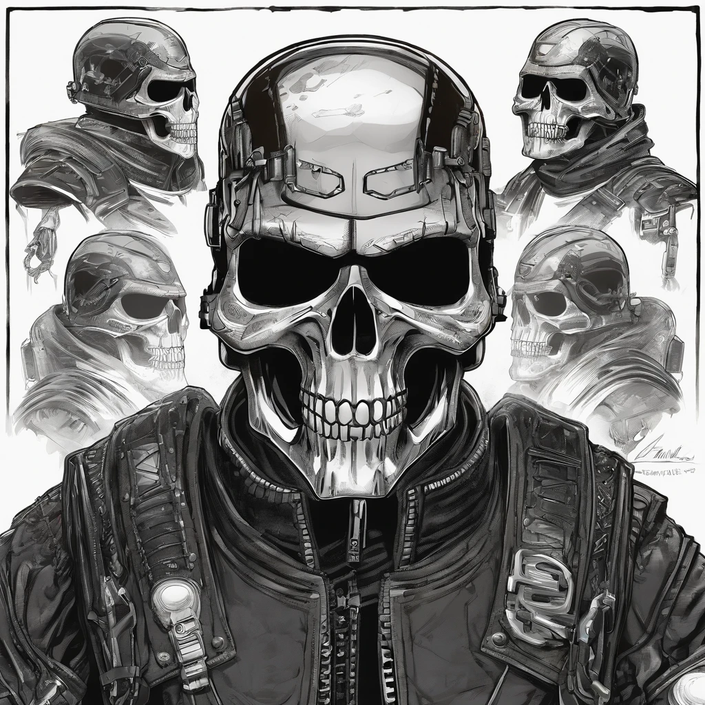 1 highly reflective chrome skull head member of the male cyberpunk motorcycle gang with LED illuminated cybernetic prosthetic arms housing retractable hidden weapons and bright white eyes, All black leather and motorcycle vest with skull motorcycle patch emblem embroidered in relief on the back, ( folha de caracteres, testa, back, lado, traseira), Full Shot Full Body Portrait Character Design Schematic Shot, highly reflective chrome skull cyberpunk head motorcycle gang member with bright white eyes with detailed illuminated cybernetic arms illuminated visually illuminated holster gadgets wearing all black leather and motorcycle vest with embroidered skull motorcycle patch engraved on the back. insanely detailed matte paint with rough strokes and textures, Stephen Gammell, Daheny Pinho, Jeremy Mann, Alex Maleev, carne_Griffiths, 16k resolution, oil on the canvas, Belas Artes, luz super eficiente, foco nítido, Grain, Approaching perfection, a million details, max quality. (master part: 1.2), (best quality: 1.3).