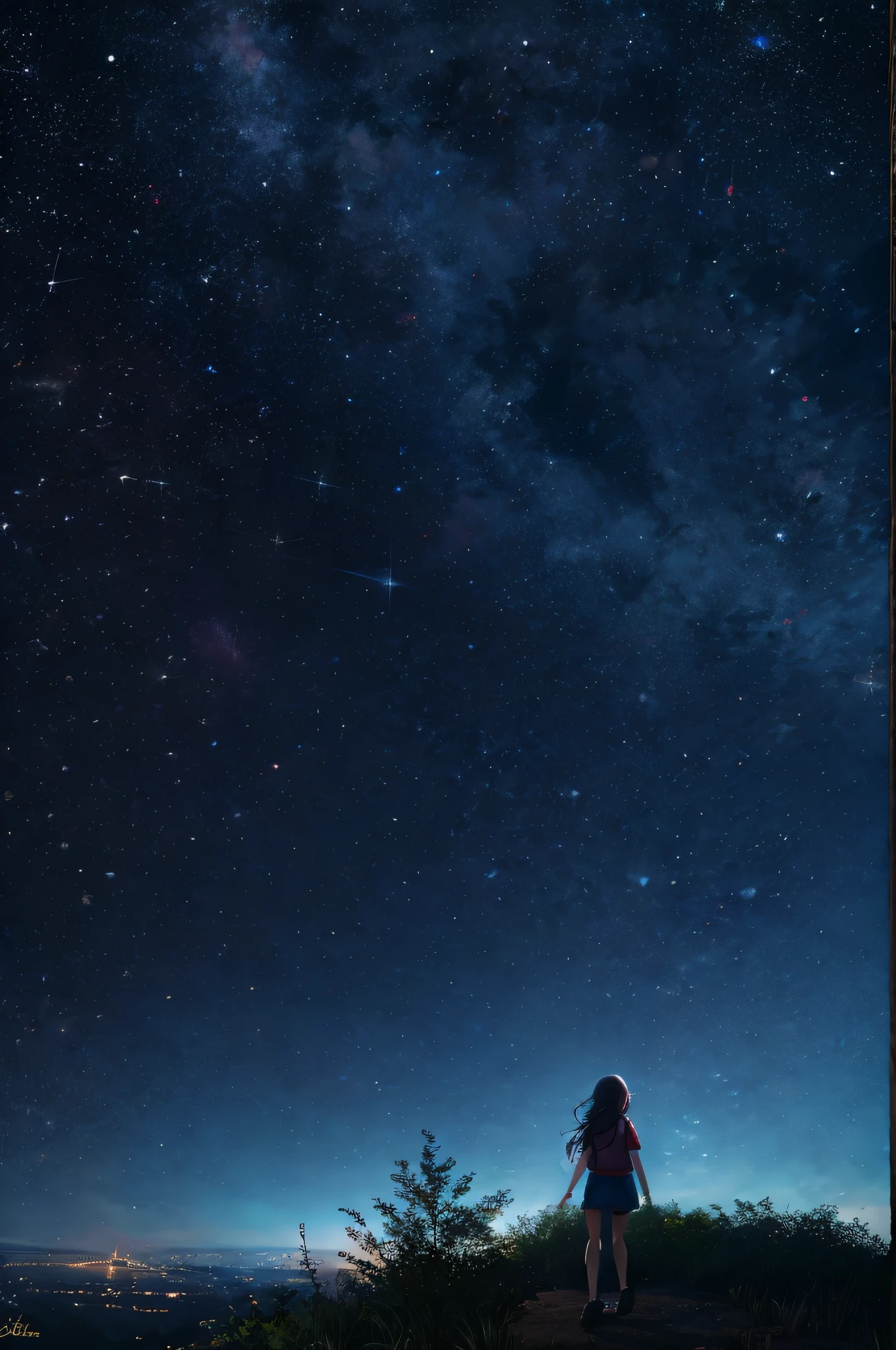 octans, heaven, estrela (heaven), paisagem, starly sky, noite, a girl looking in the night sky, solo, ao ar livre, bilding, nuvem, milky ways, sentado, tree, cabelo longo, cidade, silhueta, paisagem urbana