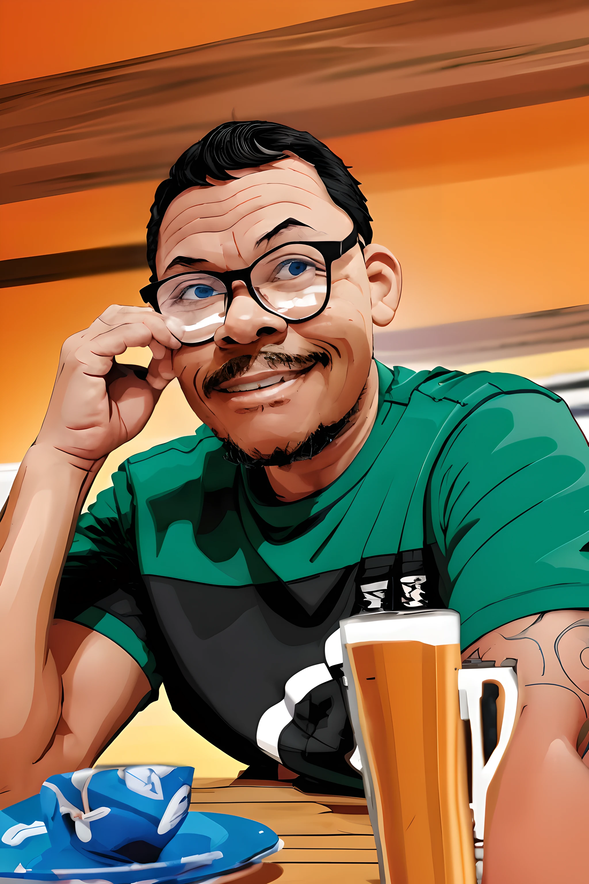 guttonerdvision10, Turn a photograph of a man from the shoulders up into a 2D cartoon-style illustration. The man should be depicted wearing glasses, sorridente, e vestido com uma camisa polo preta. Elimine o plano de fundo para criar uma limpeza, focused composition. Emphasize the cartoonish features of the subject's smile and attire, mantendo um senso de realismo.