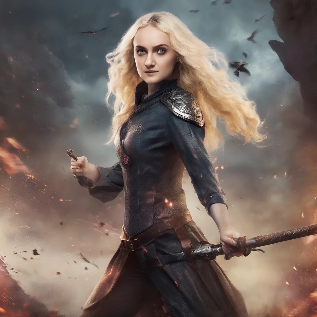 Evanna Lynch Luna Lovegood from the movie "Harry Potter" in a fantasy military costume, combat pose, combat stance, Mortal Combat, Realism