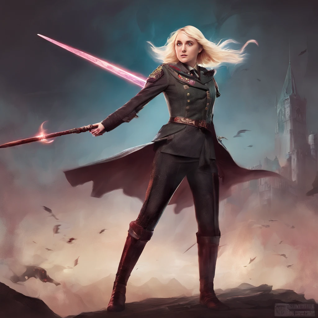 Evanna Lynch Luna Lovegood from the movie "Harry Potter" in a fantasy military costume, combat pose, combat stance, Mortal Combat, Realism