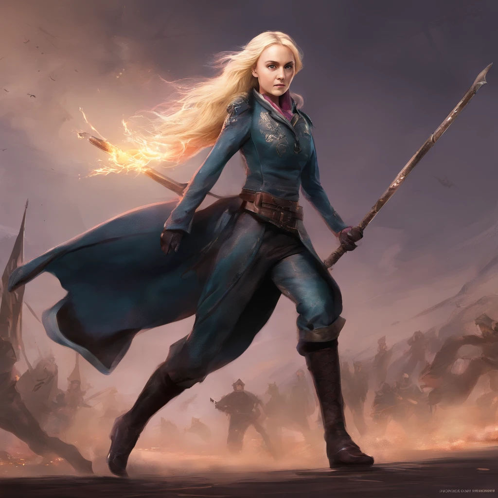Evanna Lynch Luna Lovegood from the movie "Harry Potter" in a fantasy military costume, combat pose, combat stance, Mortal Combat, Realism