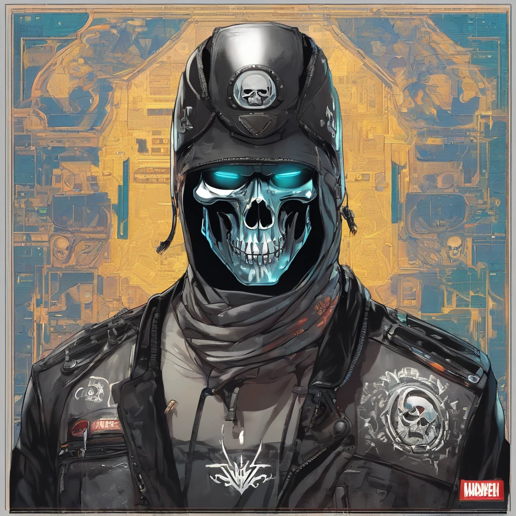 1 head member of the male cyberpunk motorcycle gang skull with LED-illuminated cybernetic prosthetic arms housing retractable concealed weapons and bright white eyes, All black leather and motorcycle vest with skull embroidered motorcycle patch emblem embossed on the back, ( folha de caracteres, headpe, back, lado, traseira), Full Shot Full Body Portrait Character Design Schematic Shot, highly reflective chrome skull, cyberpunk, motorcycle gang member head with bright white eyes with detailed illuminated cybernetic arms, visually illuminated holster gadgets wearing black leather and motorcycle vest with embroidered skull motorcycle patch engraved on the back;. Insanely detailed matte paint with rough strokes and textures, Stephen Gammell, Daheny Pinho, Jeremy Mann, Alex Maleev, carne_Griffiths, 16k resolution, oil on the canvas, belas artes, luz super eficiente, foco nítido, Grain, Approaching perfection, a million details, max quality. (master part: 1.2), (best quality: 1.3).