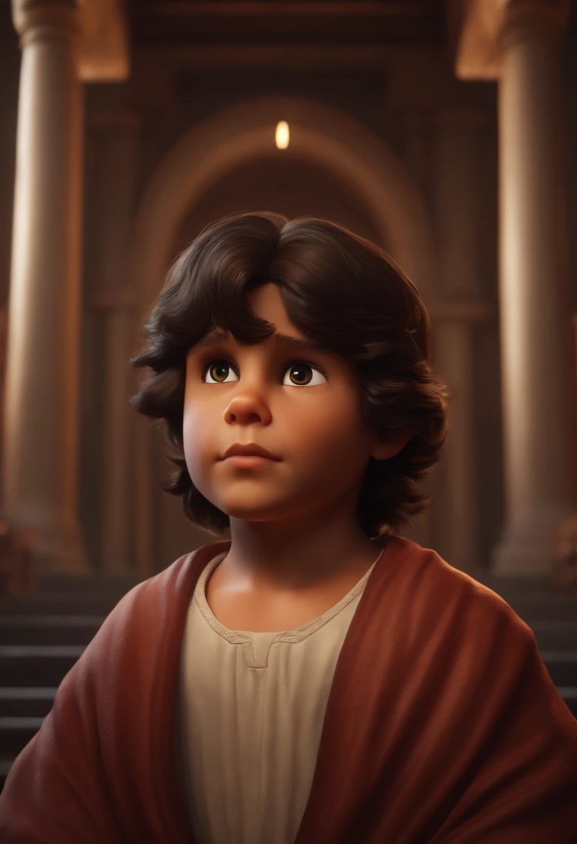 Draw portrait of Jesus christ, cute Rottweiler cartoon. a boy, inside the temple. facing camera .4k, highly detailed.12K, high quality, HD, octane rendering, cinematic lighting