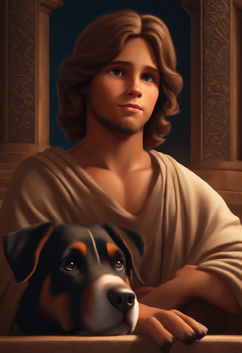 Draw portrait of Jesus christ, cute Rottweiler cartoon. a boy, inside the temple. facing camera .4k, highly detailed.12K, high quality, HD, octane rendering, cinematic lighting