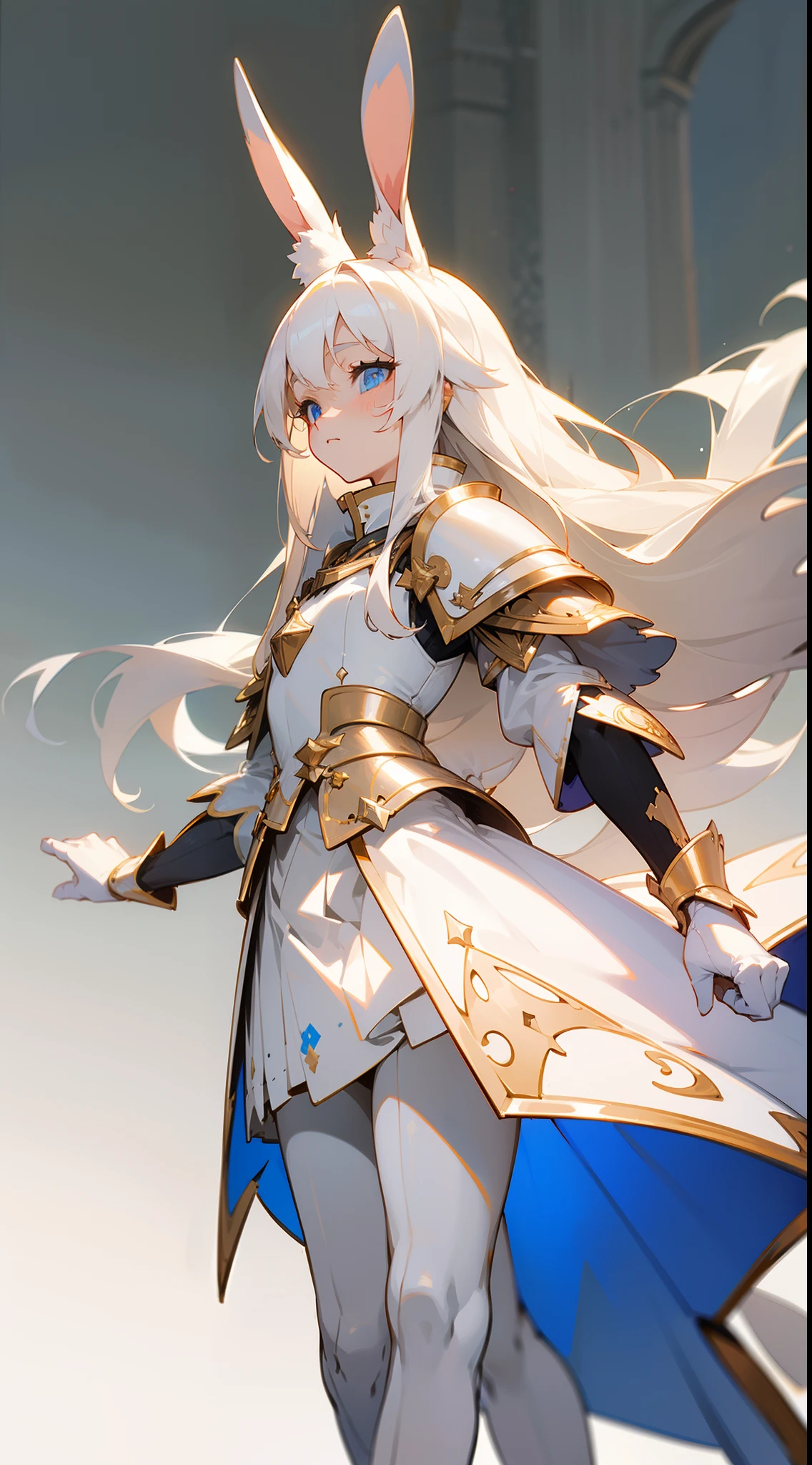 1rabbit girl,(small),solo,white hair,Long rabbit ear,blue eyes,long hair,white blouse,white skirt,gold armor shoulder pads,knight,masterpiece,best face,detailed face,innocent face,walking in castle,neutral face,(black pantyhose)