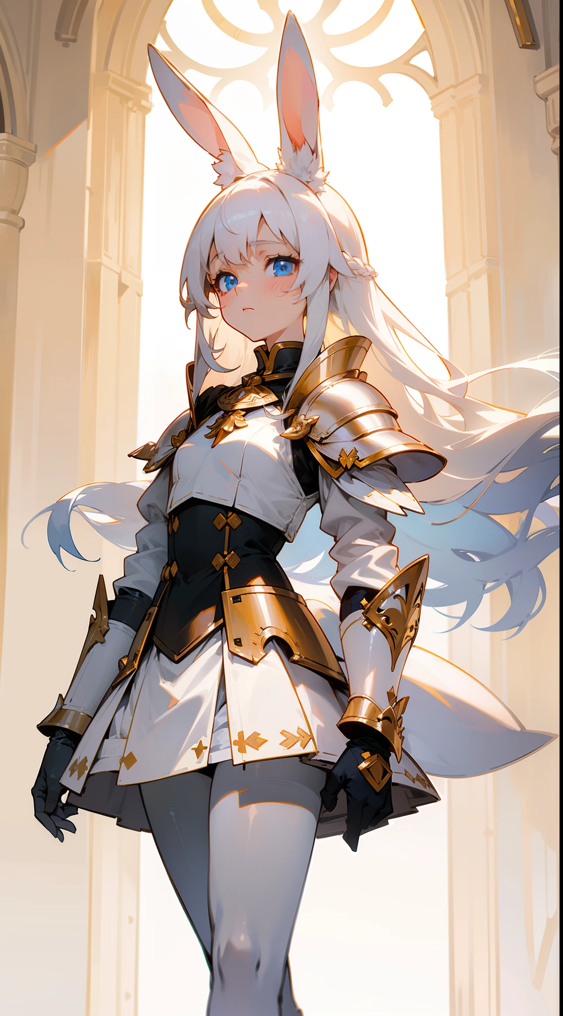 1rabbit girl,(),solo,white hair,Long rabbit ear,blue eyes,long hair,white blouse,white skirt,gold armor shoulder pads,knight,masterpiece,best face,detailed face,innocent face,walking in castle,neutral face,(black pantyhose)