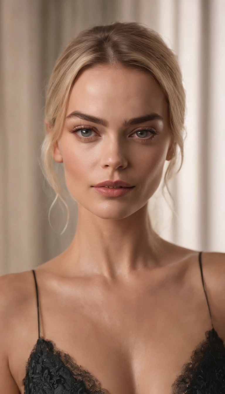 Margot Robbie nua em frente a um espelho em seu quarto, detailed features of the face and body, estilo arlequina, tatuagens detalhadas, cores vibrantes, realistic lighting, maquiagem brilhante, luxurious room decoration, reflexo brilhante do espelho, confident expression, Pose sedutora, sorrir, atmosfera provocativa, Artistic photography, high resolution, Tiro Profissional