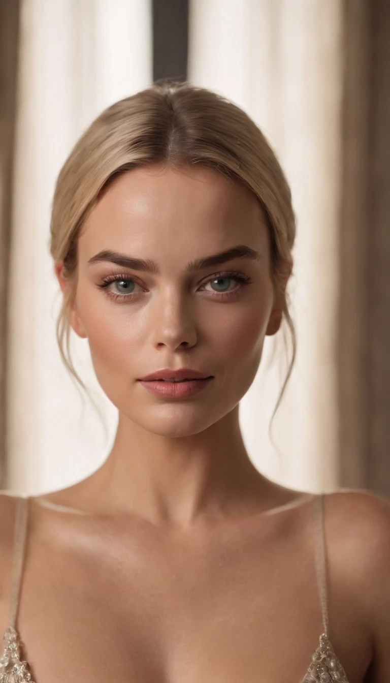 Margot Robbie nua em frente a um espelho em seu quarto, detailed features of the face and body, estilo arlequina, tatuagens detalhadas, cores vibrantes, realistic lighting, maquiagem brilhante, luxurious room decoration, reflexo brilhante do espelho, confident expression, Pose sedutora, sorrir, atmosfera provocativa, Artistic photography, high resolution, Tiro Profissional