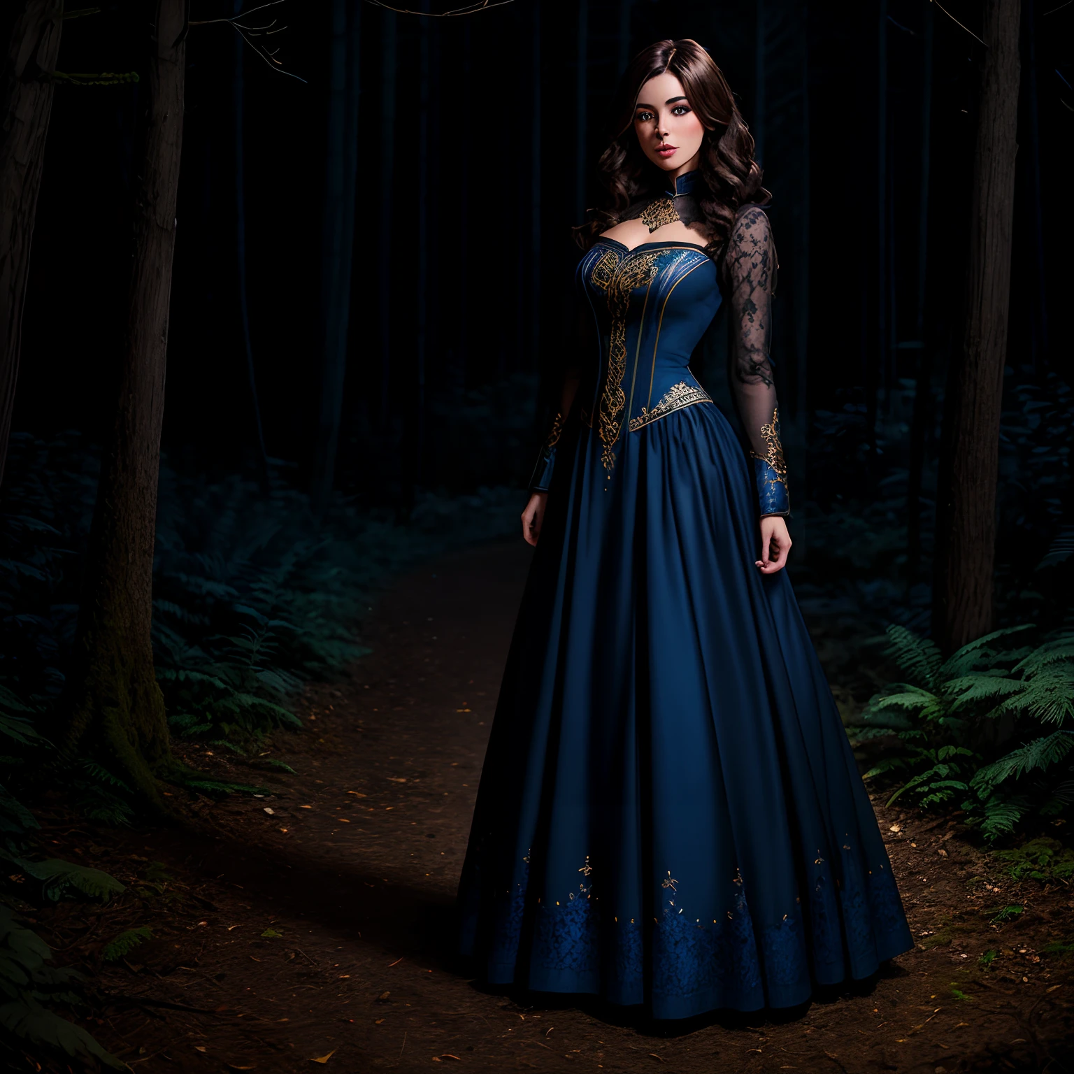 Model
Lyriel
brunette girl (( solo)) , with a face and body like Jenna Jenovich , dressed in a blue gothic dress , It stands in full growth against the background of the night forest , Her shoes are visible , Front light , The whole dress is embroidered , Very detailed golden patterns on the dress , Very beautiful night forest.