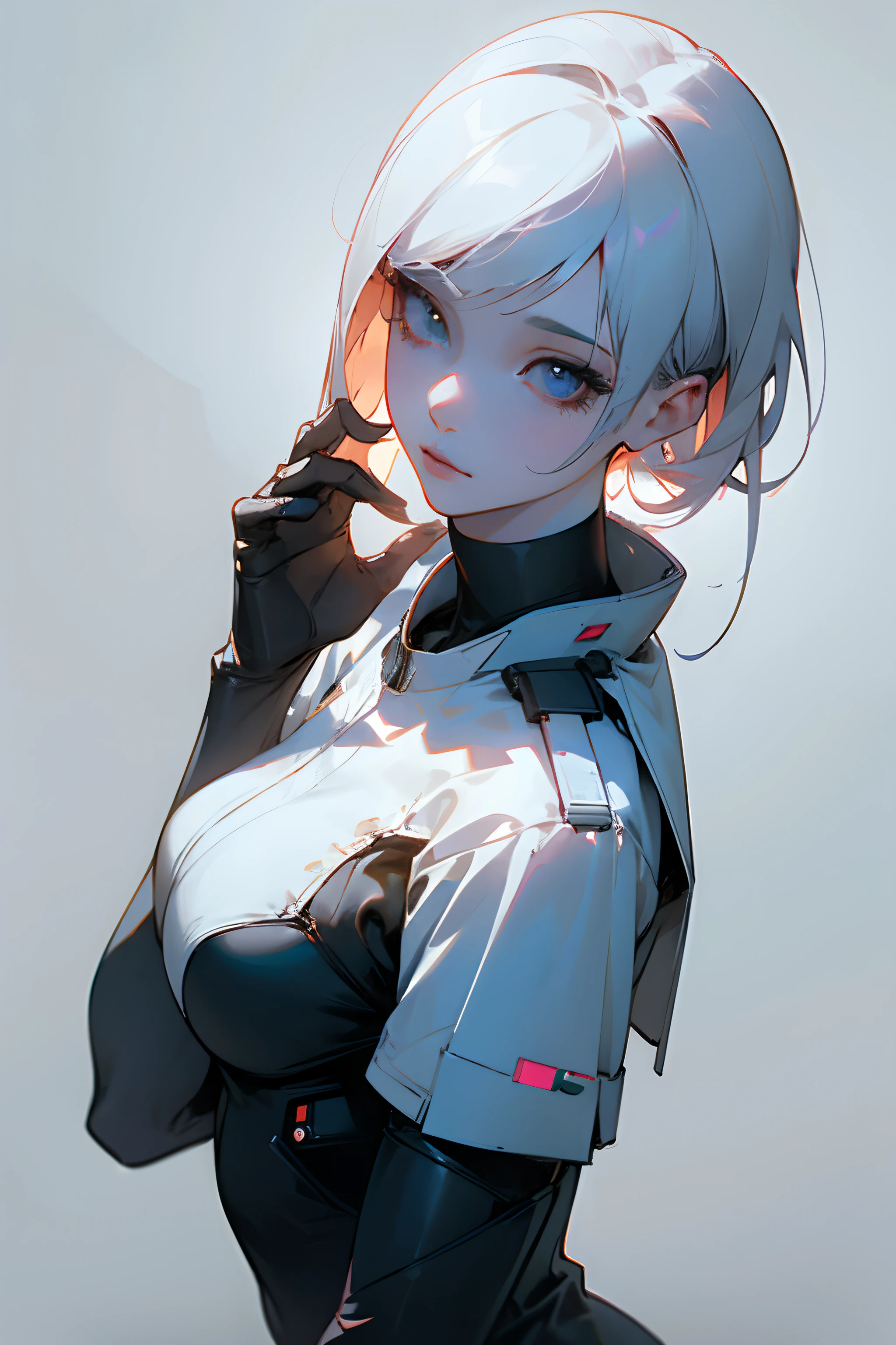 (1girl:1.3), solo, __body parts__ delicate and realistic skin, pale skin, big, official art, unified 16k wallpaper, ultra detail, beauty and aesthetics, beauty, masterpiece, best quality, in cyberpunk city, fantastic atmosphere, calm color palette, peaceful mood, soft shadows, flight attendant uniform, glamour