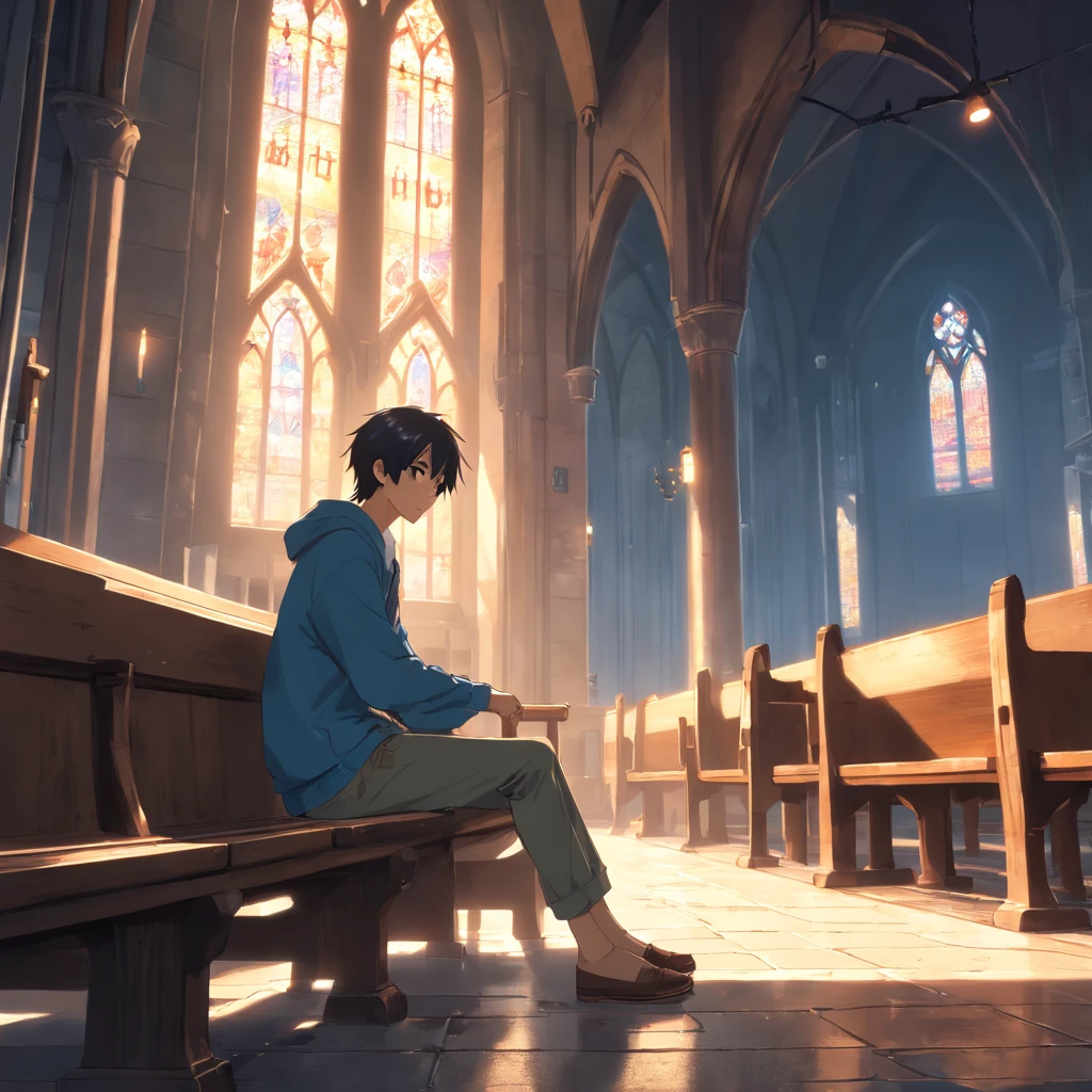 (best quality,Realistic:1.37),Escuro, Dirty-looking young man sitting in an old abandoned church, detailed face expression,atmosfera empoeirada,ambiente assustador,Solemn and sinister illumination,vitrais,crumbling walls,trepadeiras e musgo crescidos,decaying wooden benches,artefatos religiosos negligenciados,velas levemente acesas,Haunting silence,A sense of desolation and mystery,Haunted spiritual presence,gothic architecture,Shadows Dramatic,remnants of religious iconography