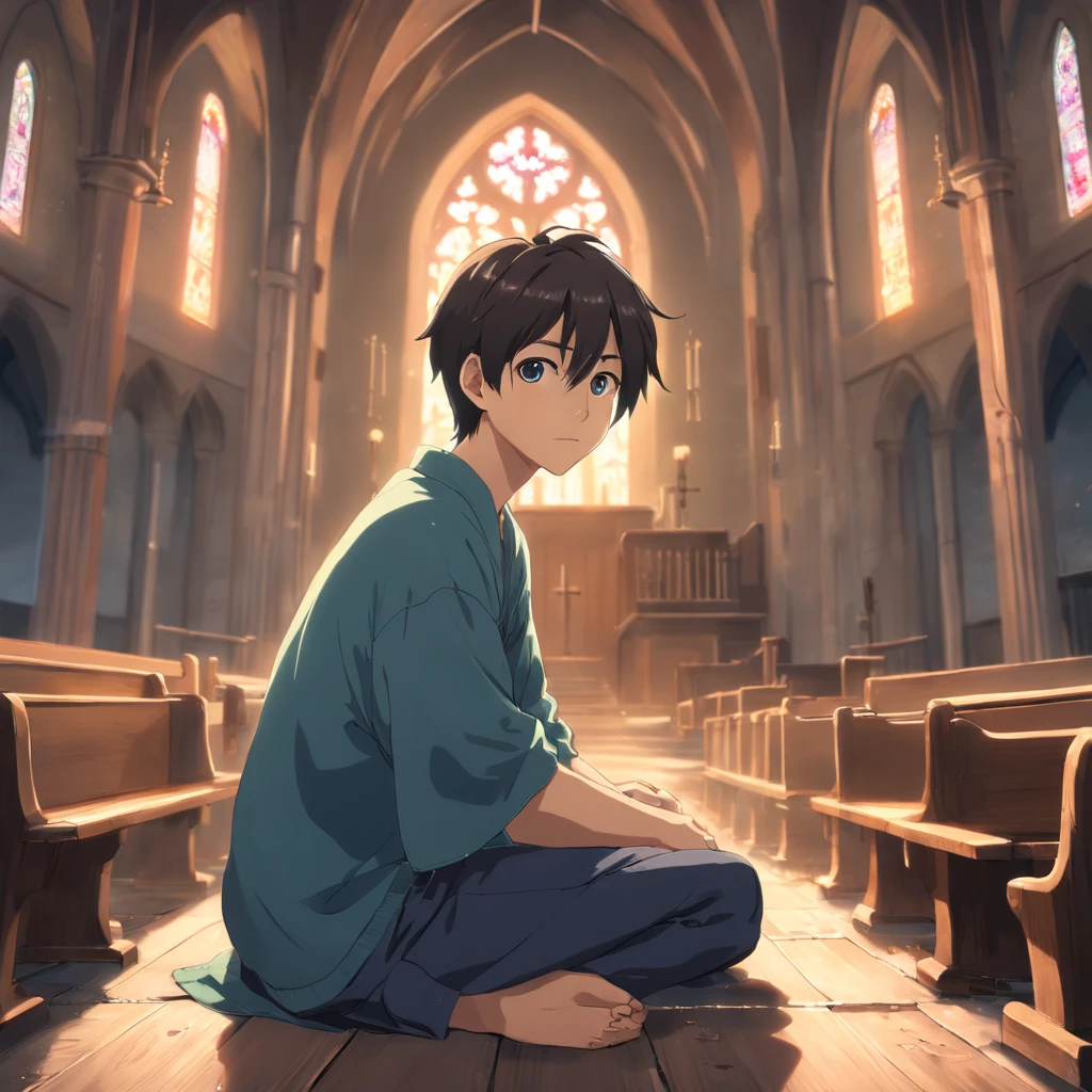(best quality,Realistic:1.37),Escuro, Dirty-looking young man sitting in an old abandoned church, detailed face expression,atmosfera empoeirada,ambiente assustador,Solemn and sinister illumination,vitrais,crumbling walls,trepadeiras e musgo crescidos,decaying wooden benches,artefatos religiosos negligenciados,velas levemente acesas,Haunting silence,A sense of desolation and mystery,Haunted spiritual presence,gothic architecture,Shadows Dramatic,remnants of religious iconography