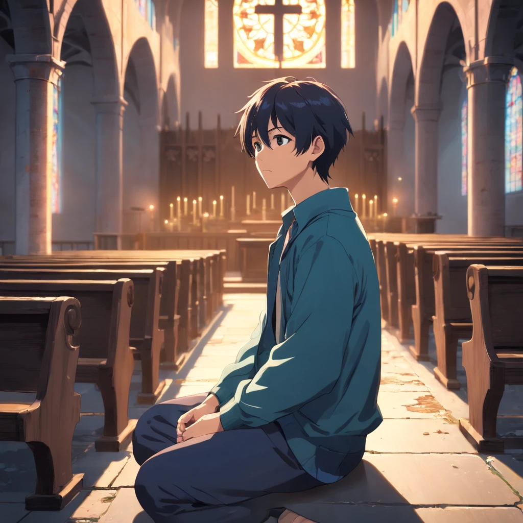(best quality,Realistic:1.37),Escuro, Dirty-looking young man sitting in an old abandoned church, detailed face expression,atmosfera empoeirada,ambiente assustador,Solemn and sinister illumination,vitrais,crumbling walls,trepadeiras e musgo crescidos,decaying wooden benches,artefatos religiosos negligenciados,velas levemente acesas,Haunting silence,A sense of desolation and mystery,Haunted spiritual presence,gothic architecture,Shadows Dramatic,remnants of religious iconography