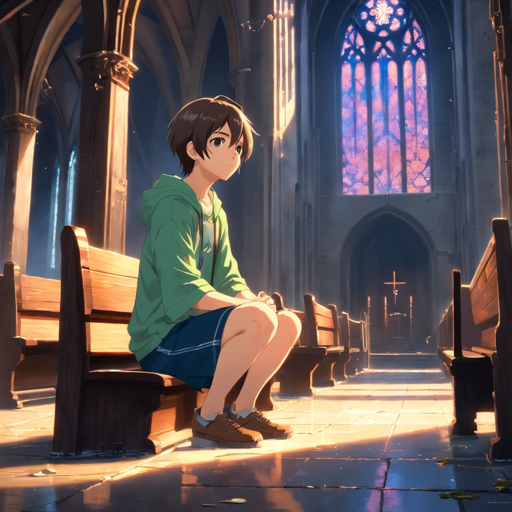 (best quality,Realistic:1.37),Escuro, Dirty-looking young man sitting in an old abandoned church, detailed face expression,atmosfera empoeirada,ambiente assustador,Solemn and sinister illumination,vitrais,crumbling walls,trepadeiras e musgo crescidos,decaying wooden benches,artefatos religiosos negligenciados,velas levemente acesas,Haunting silence,A sense of desolation and mystery,Haunted spiritual presence,gothic architecture,Shadows Dramatic,remnants of religious iconography