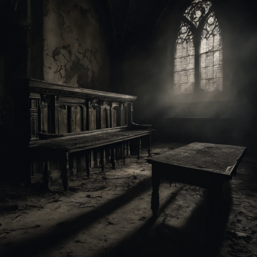 (best quality,Realistic:1.37),Escuro, Dirty-looking young man sitting in an old abandoned church, detailed face expression,atmosfera empoeirada,ambiente assustador,Solemn and sinister illumination,vitrais,crumbling walls,trepadeiras e musgo crescidos,decaying wooden benches,artefatos religiosos negligenciados,velas levemente acesas,Haunting silence,A sense of desolation and mystery,Haunted spiritual presence,gothic architecture,Shadows Dramatic,remnants of religious iconography
