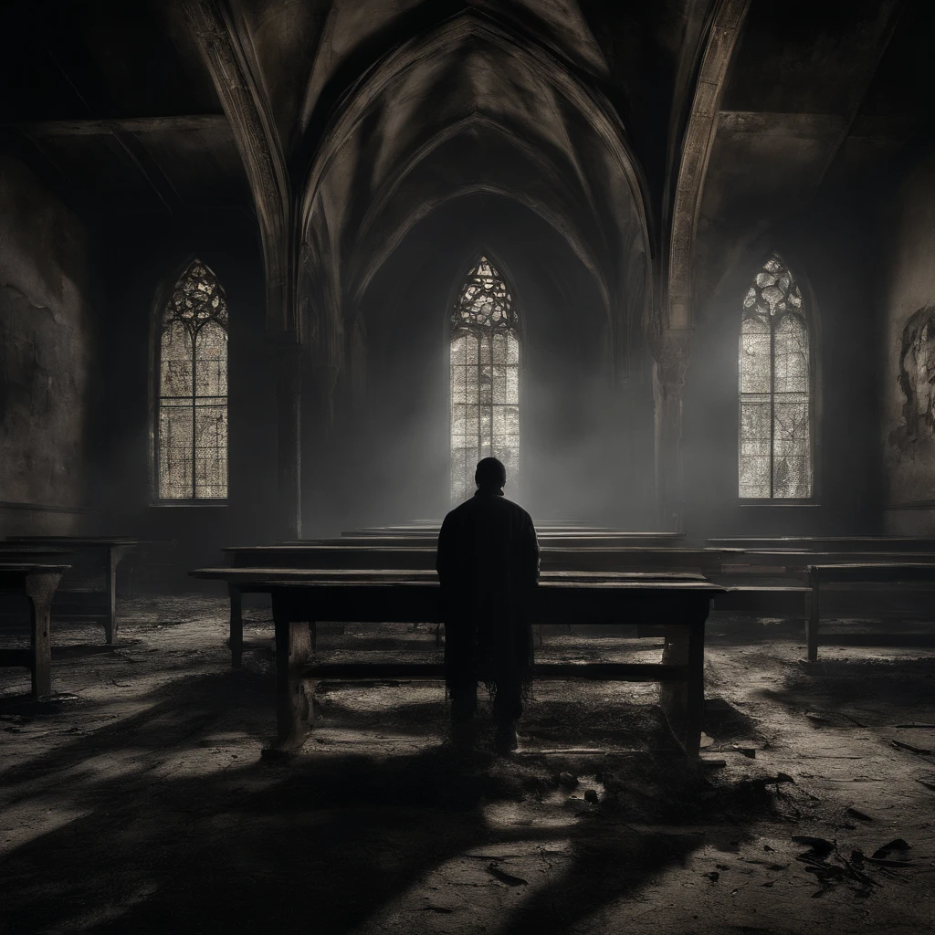 (best quality,Realistic:1.37),Escuro, Dirty-looking young man sitting in an old abandoned church, detailed face expression,atmosfera empoeirada,ambiente assustador,Solemn and sinister illumination,vitrais,crumbling walls,trepadeiras e musgo crescidos,decaying wooden benches,artefatos religiosos negligenciados,velas levemente acesas,Haunting silence,A sense of desolation and mystery,Haunted spiritual presence,gothic architecture,Shadows Dramatic,remnants of religious iconography