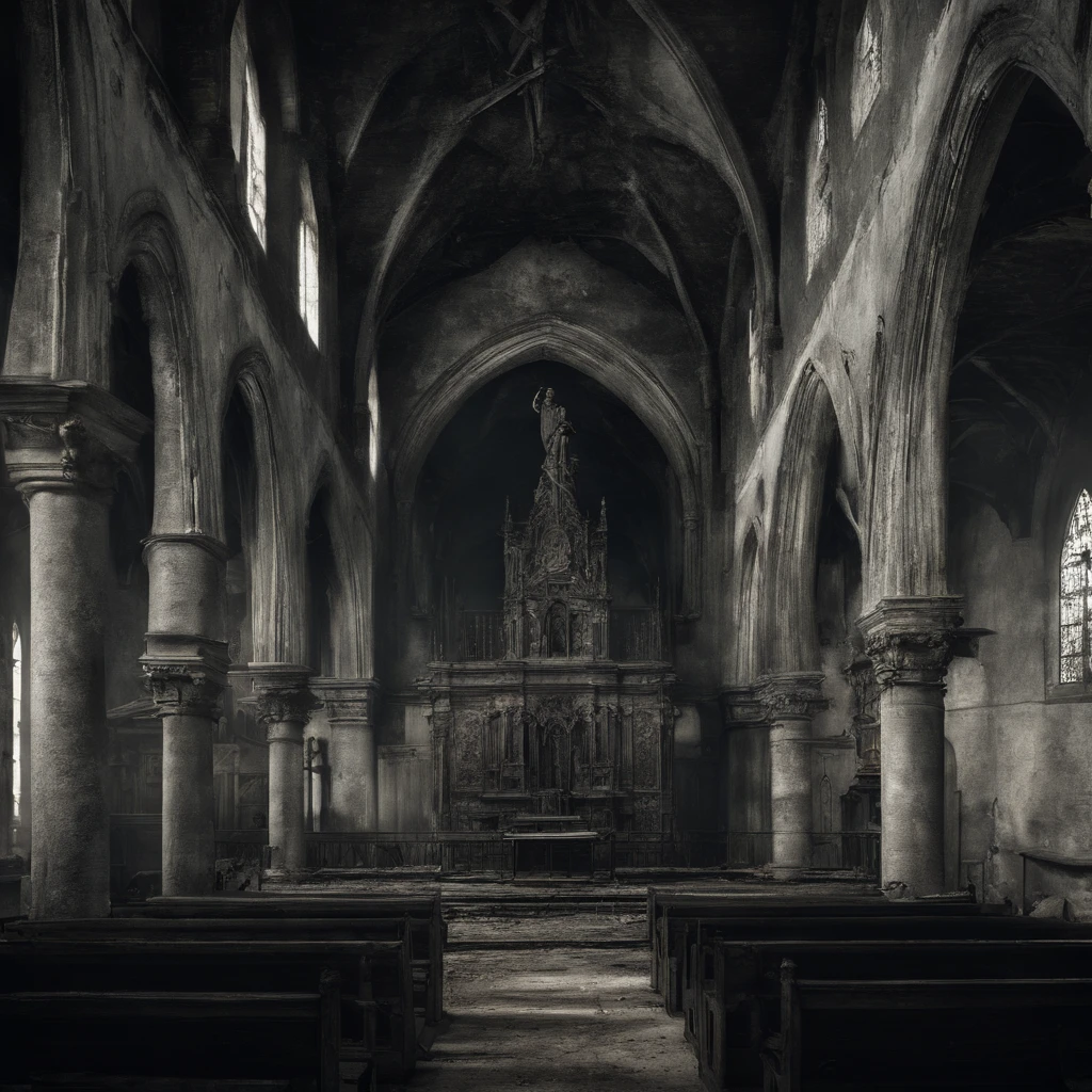(best quality,Realistic:1.37),Escuro, Dirty-looking young man sitting in an old abandoned church, detailed face expression,atmosfera empoeirada,ambiente assustador,Solemn and sinister illumination,vitrais,crumbling walls,trepadeiras e musgo crescidos,decaying wooden benches,artefatos religiosos negligenciados,velas levemente acesas,Haunting silence,A sense of desolation and mystery,Haunted spiritual presence,gothic architecture,Shadows Dramatic,remnants of religious iconography