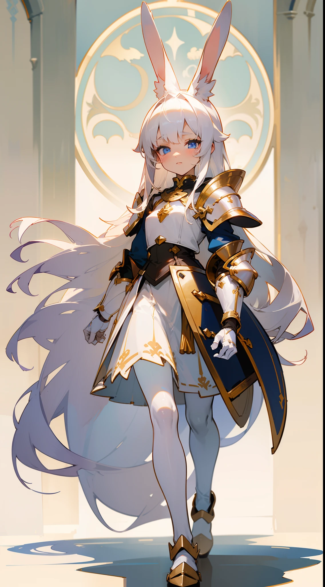 1rabbit girl,(small),solo,white hair,Long rabbit ear,blue eyes,long hair,white blouse,white skirt,gold armor shoulder pads,knight,masterpiece,best face,detailed face,innocent face,walking in castle,neutral face,(black pantyhose)