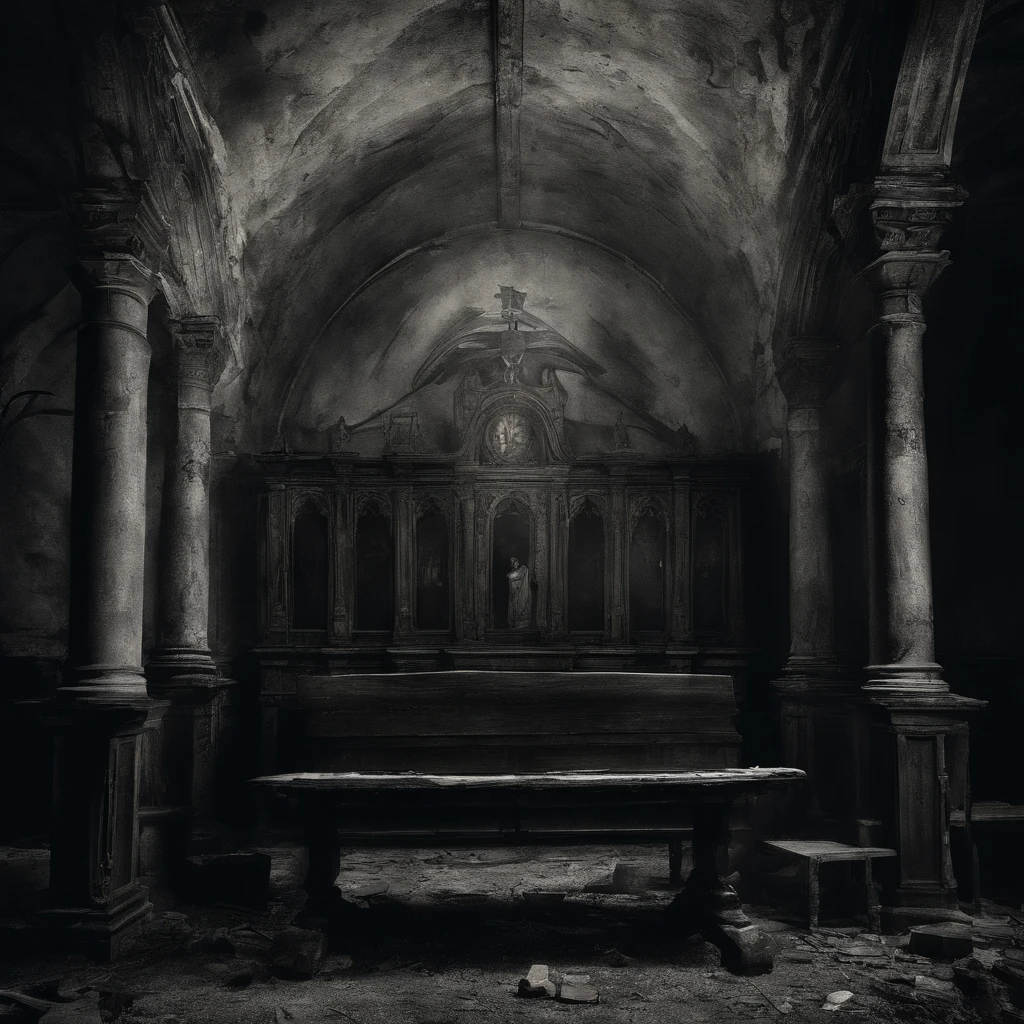 (best quality,Realistic:1.37),Escuro, Dirty-looking young man sitting in an old abandoned church, detailed face expression,atmosfera empoeirada,ambiente assustador,Solemn and sinister illumination,vitrais,crumbling walls,trepadeiras e musgo crescidos,decaying wooden benches,artefatos religiosos negligenciados,velas levemente acesas,Haunting silence,A sense of desolation and mystery,Haunted spiritual presence,gothic architecture,Shadows Dramatic,remnants of religious iconography