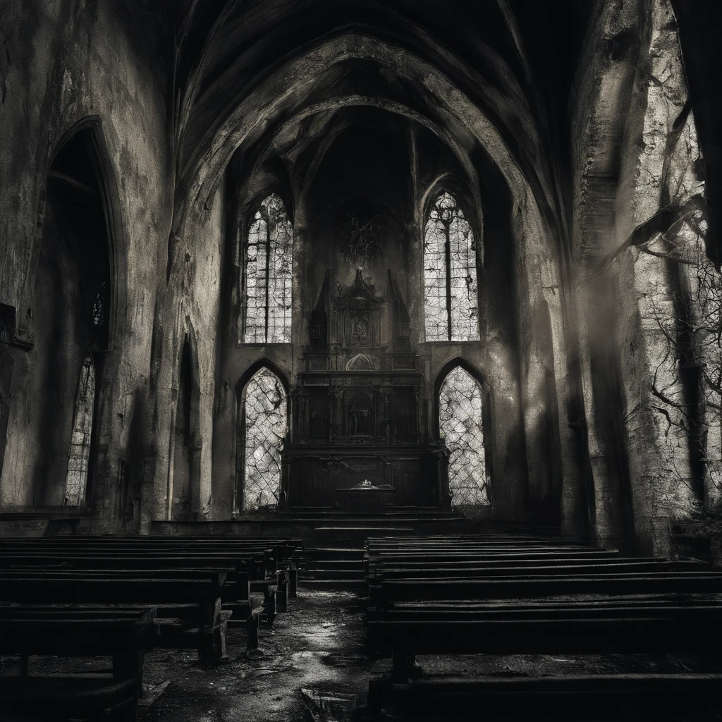 (best quality,Realistic:1.37),Escuro, Dirty-looking young man sitting in an old abandoned church, detailed face expression,atmosfera empoeirada,ambiente assustador,Solemn and sinister illumination,vitrais,crumbling walls,trepadeiras e musgo crescidos,decaying wooden benches,artefatos religiosos negligenciados,velas levemente acesas,Haunting silence,A sense of desolation and mystery,Haunted spiritual presence,gothic architecture,Shadows Dramatic,remnants of religious iconography