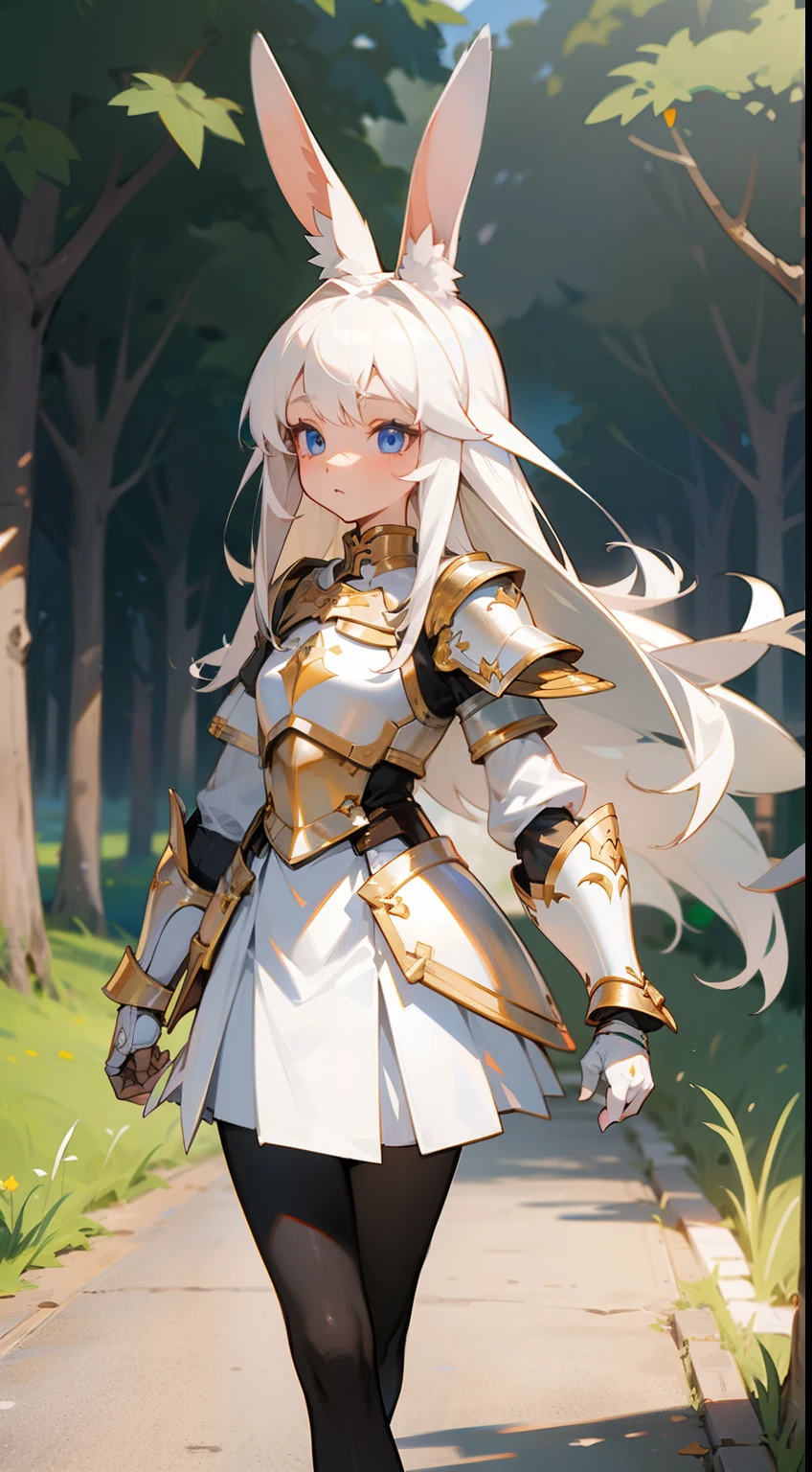 1rabbit girl,(small),solo,white hair,Long rabbit ear,blue eyes,long hair,white blouse,white skirt,gold armor shoulder pads,knight,masterpiece,best face,detailed face,innocent face,walking in rural road,neutral face,(black pantyhose)