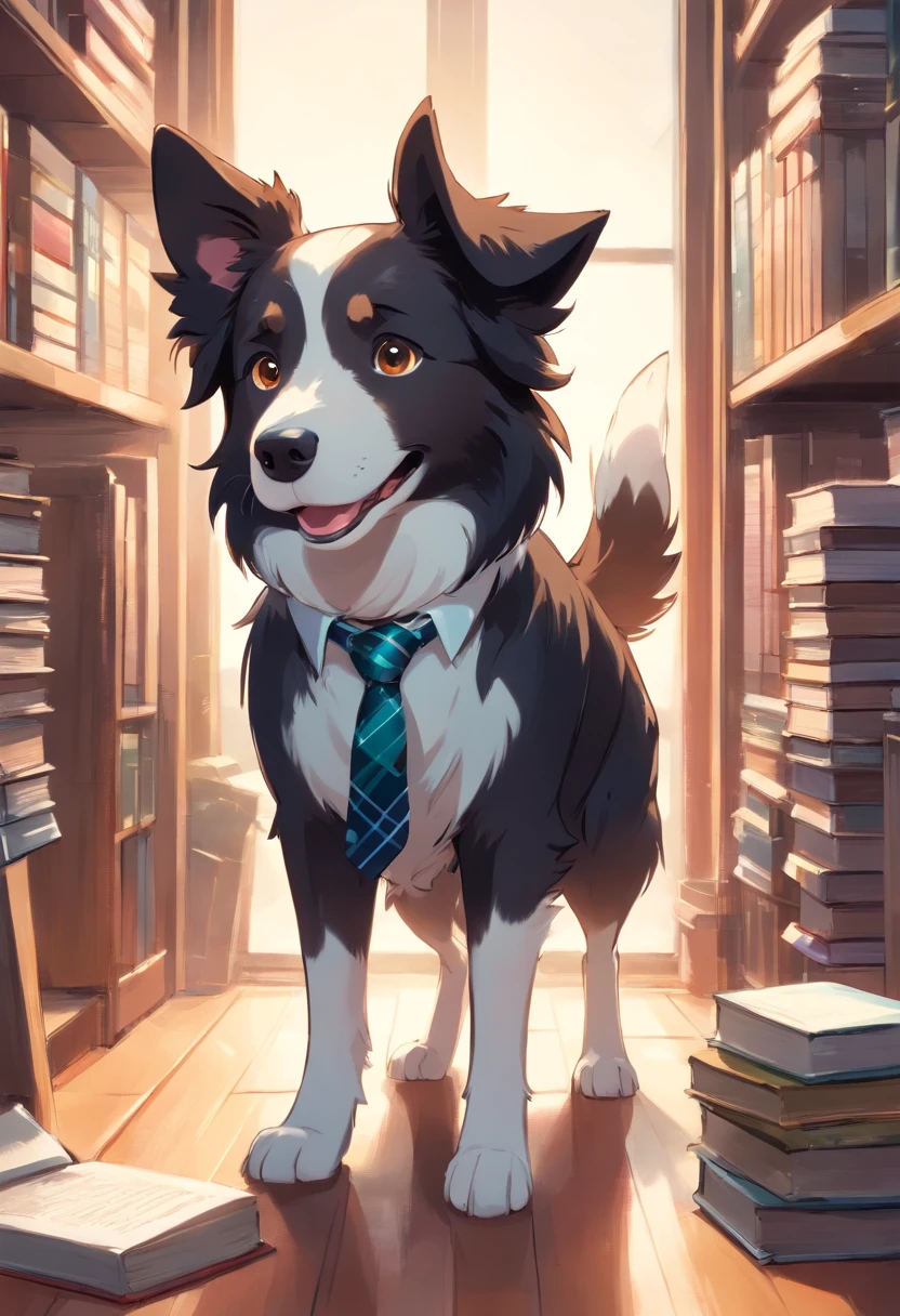 Make a Border Collie Dog, This dog must be wearing a tie and glasses, deve estar em uma biblioteca lendo um livro. Foto estilo disney pixar