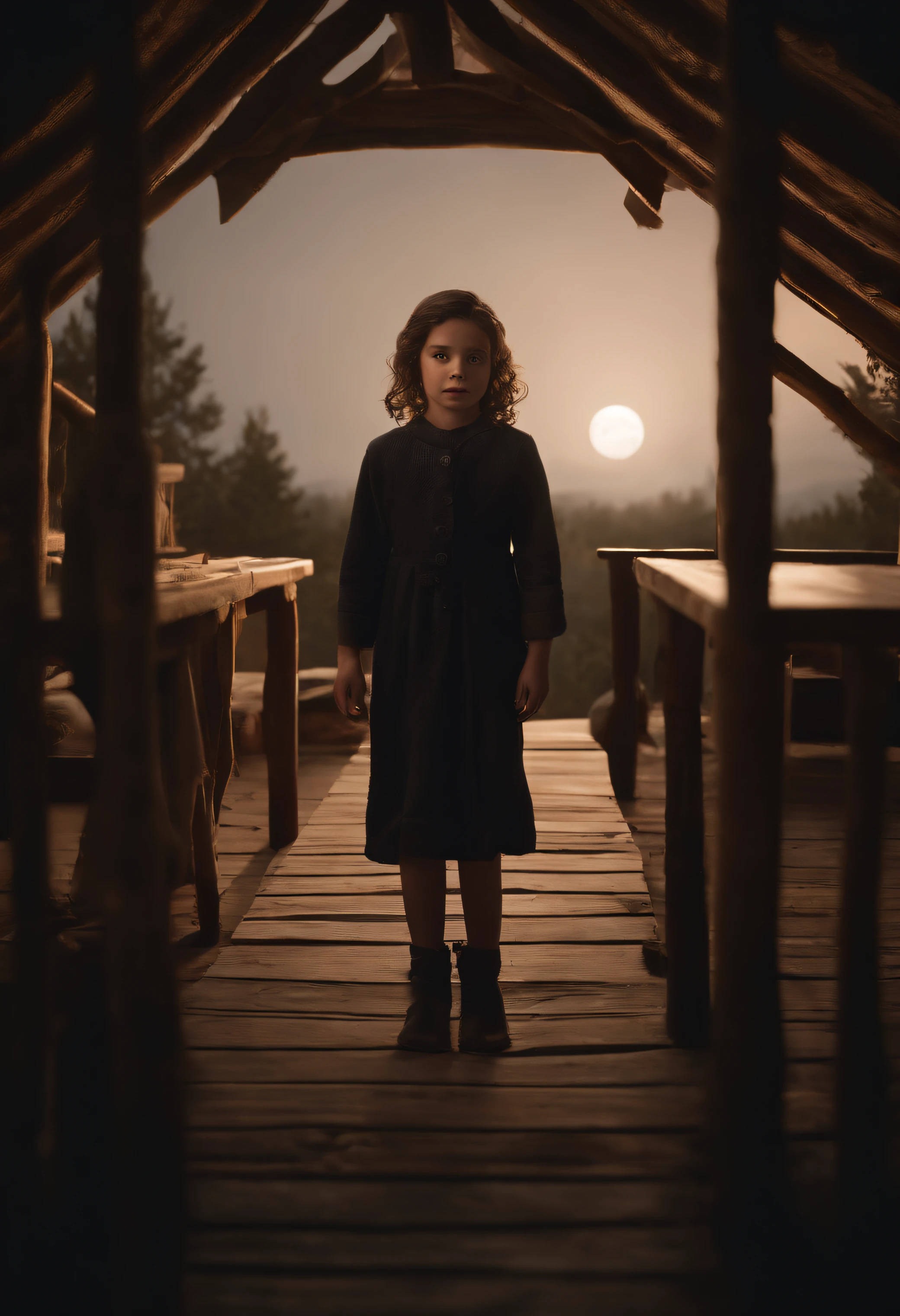 ( illustration:1.2), (1girl, child, ???, solo:1.4),(from front,fullbody:1.1), Child, very young girl in a gloomy and sad wooden hut, with a scary look and macabre smile, blank look, pale skin, black clothes, night, moon lighting, high detail, photorealistic, Greg rutkowsky style, Curly hair, black hair
