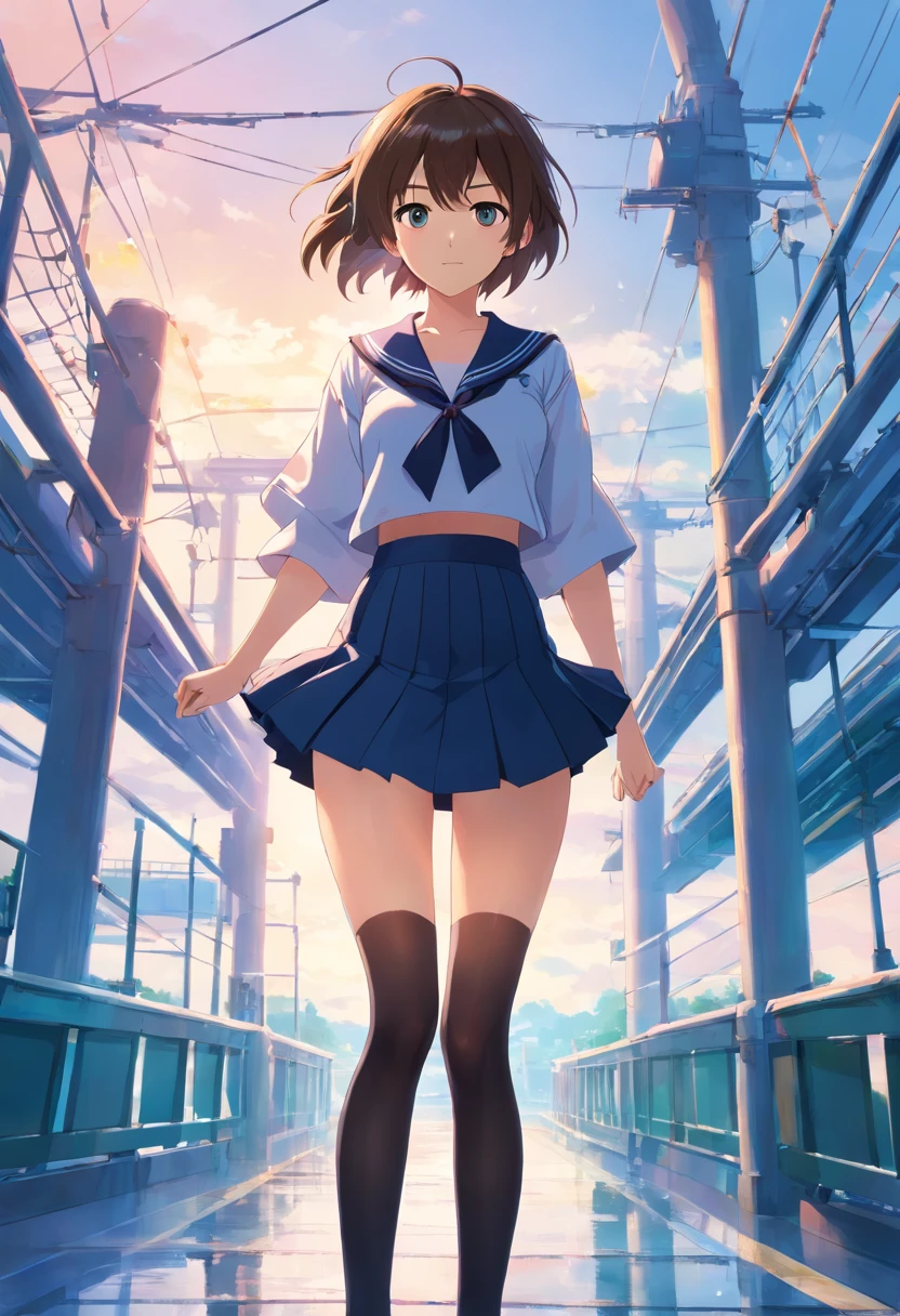 (Best quality,A high resolution,Masterpiece,cinematic Film still from:1.2),Solo,(1womanl,23-year-old,up-close,Front view,The upper part of the body,Bigchest:1.25),Sailor suit with pleated skirt and black stockings,Bridge background