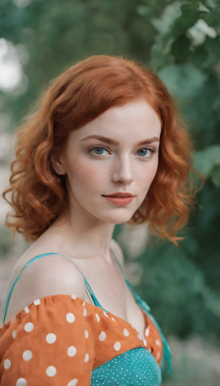 the portrait of a young woman with curly red hair and polka dot skirt, in the style of light orange and turquoise, vibrant color gradients, playful expressions, normcore, vibrant and textured, 1970–present, shiny