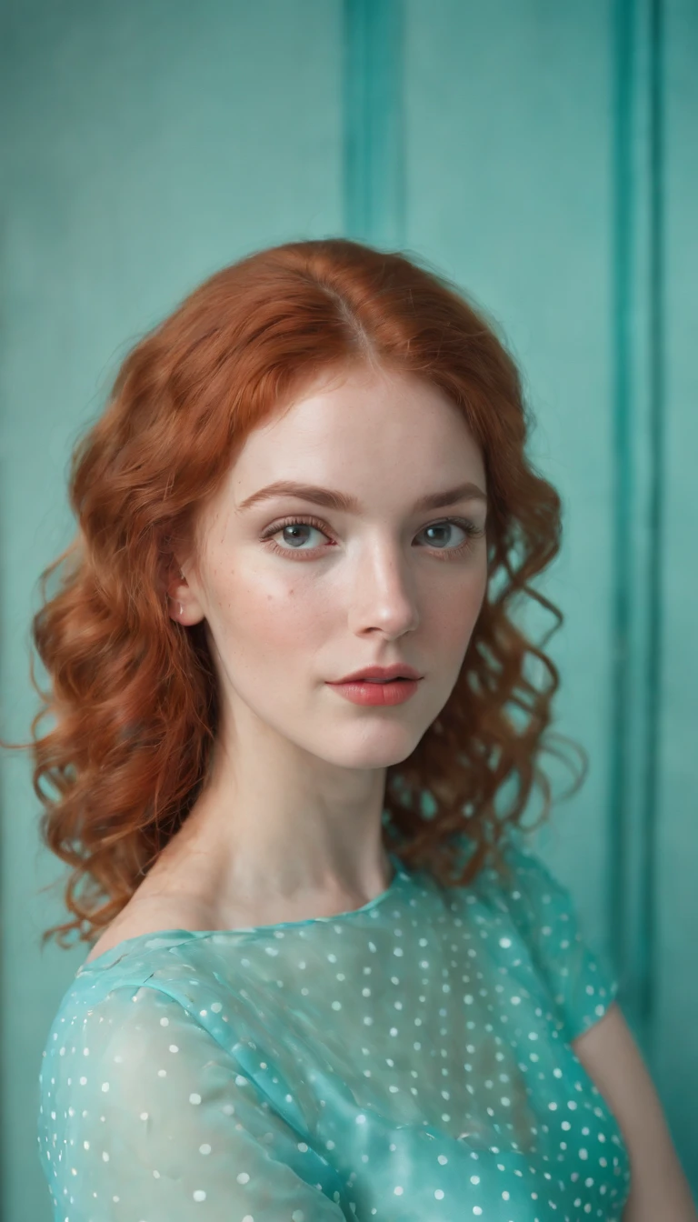the portrait of a young woman with curly red hair and polka dot skirt, in the style of light orange and turquoise, vibrant color gradients, playful expressions, normcore, vibrant and textured, 1970–present, shiny