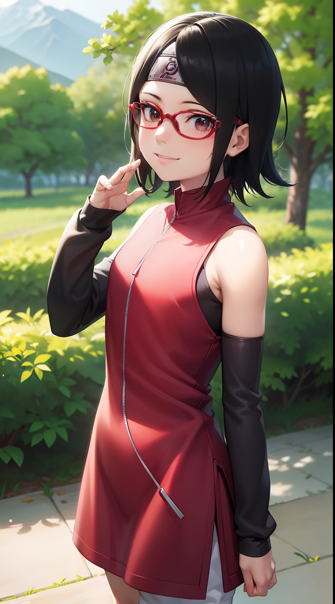 (masutepiece, Best Quality, Capture super cute moments, depth of fields, ultra-detailliert, Ultra High Resolution, C4D, Octadale, 3D Modeling, 8K, 16 K, one girls、a junior high school student、A dark-haired、short-hair、straight haired、Light brown eyes,hair adornments、wearing black glasses、A smile)、Sarada Uchiha、Forest、A village on the mountainside