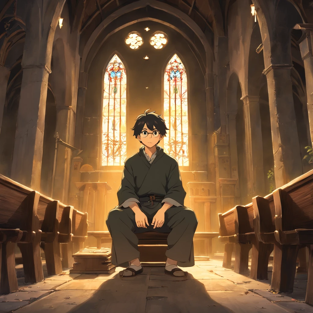 (best quality,Realistic:1.37),Escuro, Dirty-looking young man sitting in an old abandoned church, detailed face expression,atmosfera empoeirada,ambiente assustador,Solemn and sinister illumination,vitrais,crumbling walls,trepadeiras e musgo crescidos,decaying wooden benches,artefatos religiosos negligenciados,velas levemente acesas,Haunting silence,A sense of desolation and mystery,Haunted spiritual presence,gothic architecture,Shadows Dramatic,remnants of religious iconography