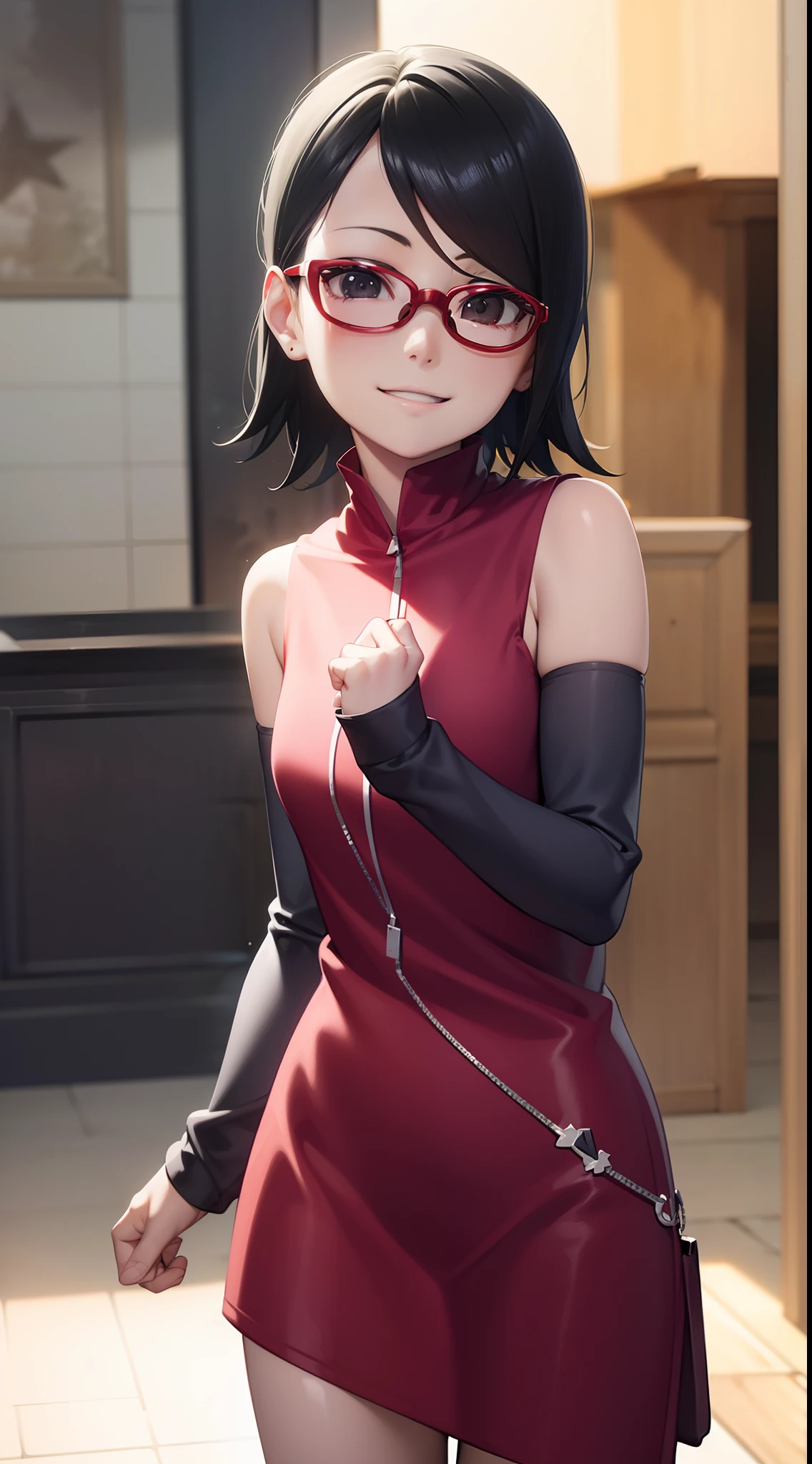 (masutepiece, Best Quality, Capture super cute moments, depth of fields, ultra-detailliert, Ultra High Resolution, C4D, Octadale, 3D Modeling, 8K, 16 K, one girls、a 、A dark-haired、short-hair、straight haired、Light brown eyes,hair adornments、wearing black glasses、A smile)、uchiha sarada