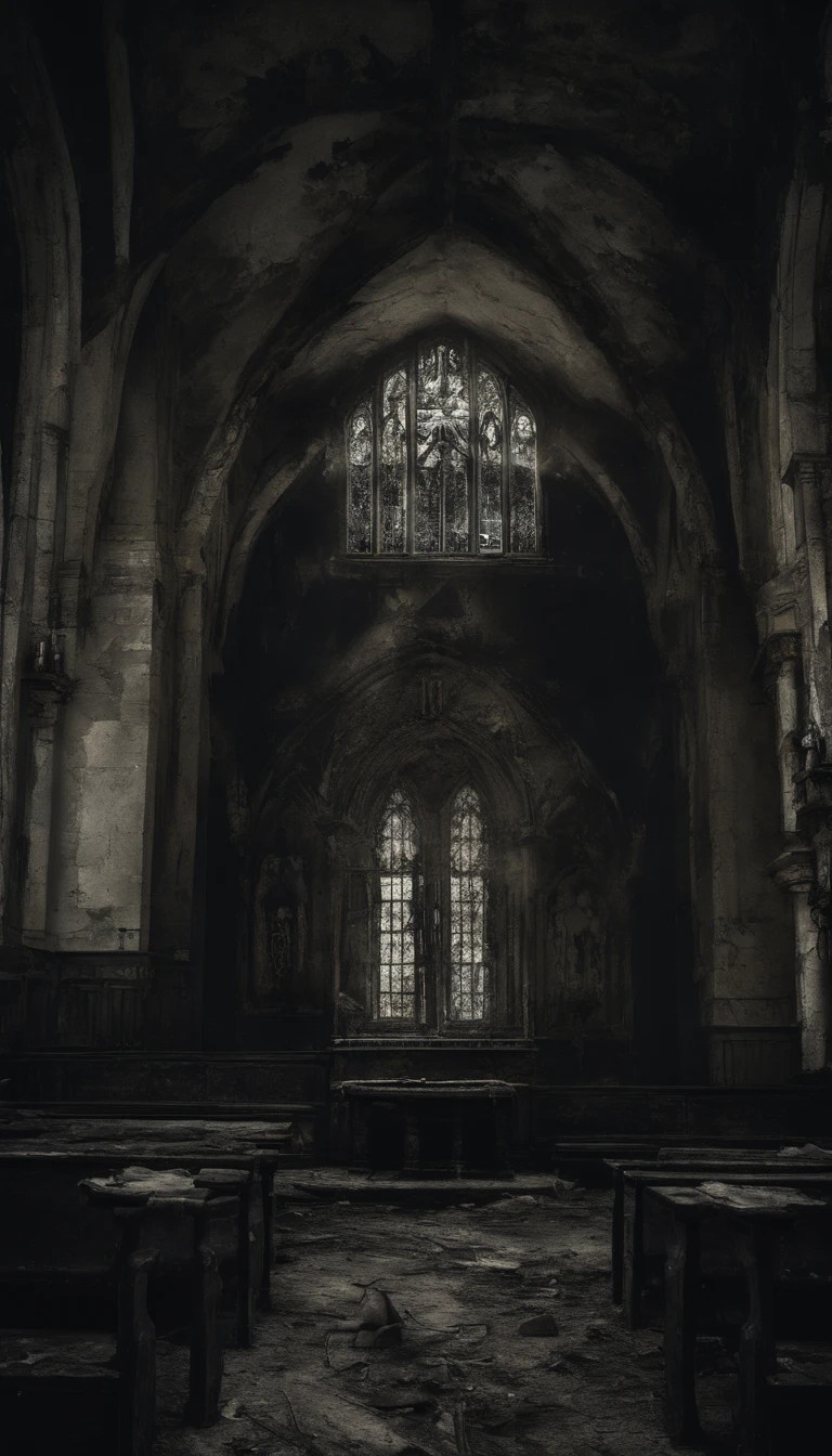(best quality,Realistic:1.37),Escuro, Dirty-looking young man sitting in an old abandoned church, detailed face expression,atmosfera empoeirada,ambiente assustador,Solemn and sinister illumination,vitrais,crumbling walls,trepadeiras e musgo crescidos,decaying wooden benches,artefatos religiosos negligenciados,velas levemente acesas,Haunting silence,A sense of desolation and mystery,Haunted spiritual presence,gothic architecture,Shadows Dramatic,remnants of religious iconography