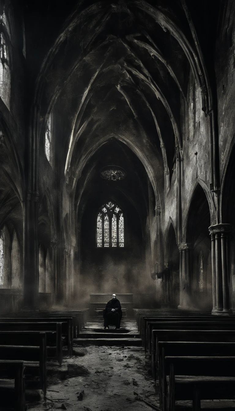 (best quality,Realistic:1.37),Escuro, Dirty-looking young man sitting in an old abandoned church, detailed face expression,atmosfera empoeirada,ambiente assustador,Solemn and sinister illumination,vitrais,crumbling walls,trepadeiras e musgo crescidos,decaying wooden benches,artefatos religiosos negligenciados,velas levemente acesas,Haunting silence,A sense of desolation and mystery,Haunted spiritual presence,gothic architecture,Shadows Dramatic,remnants of religious iconography